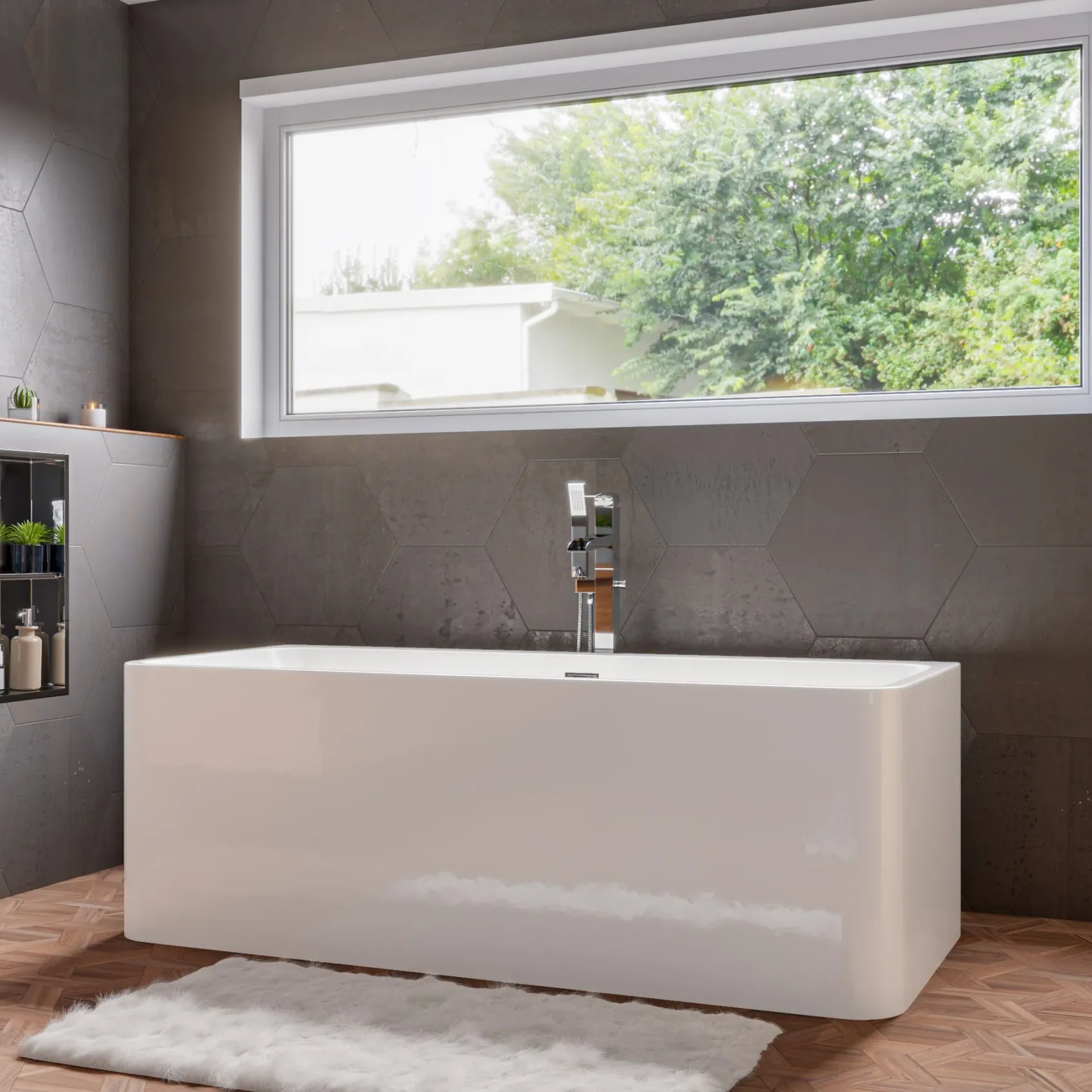ALFI brand 67" Acrylic Free Standing Rectangle Soaking Bathtub, White, AB8859
