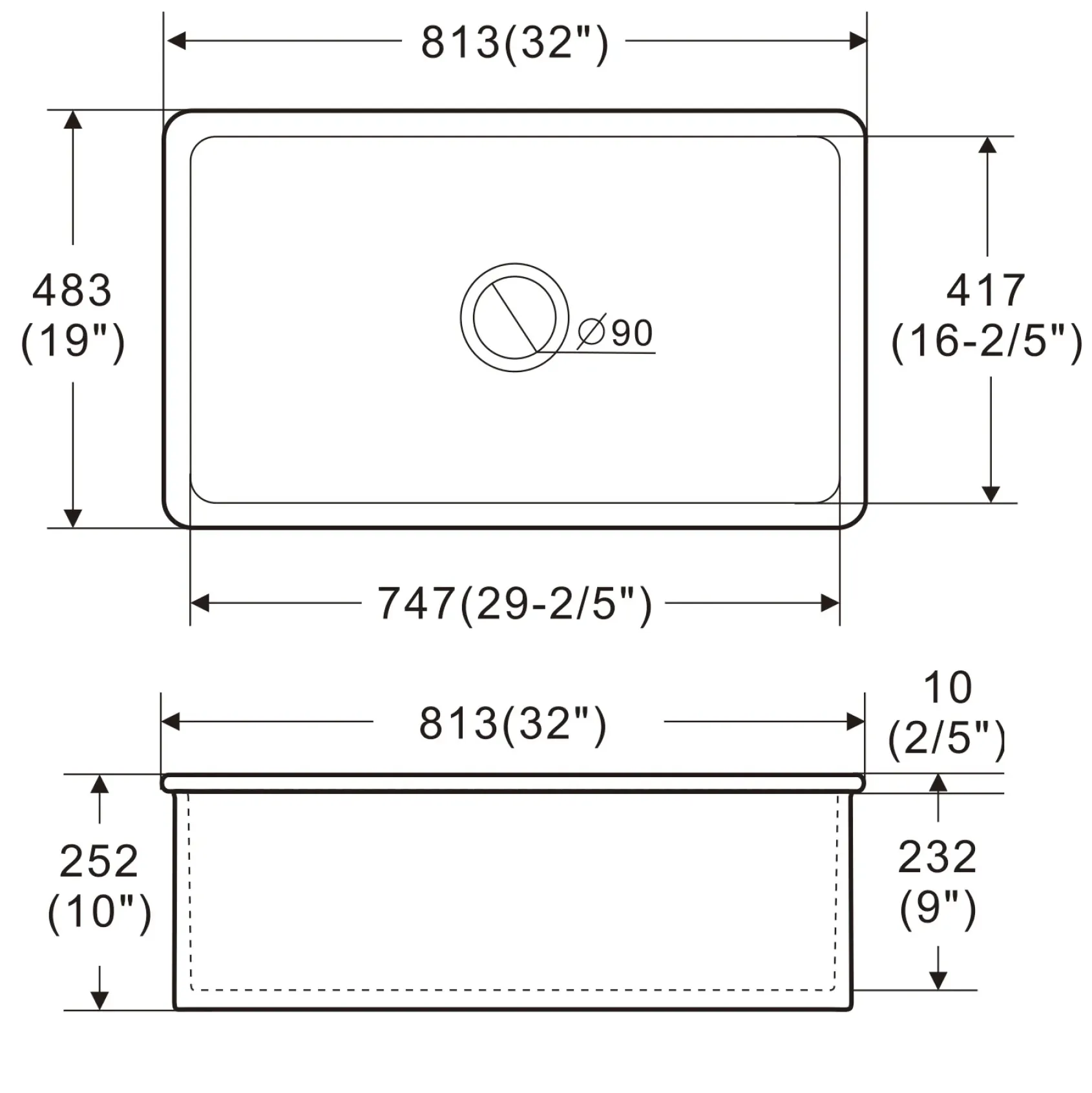 ALFI brand 32" Drop In Fireclay Kitchen Sink, Black Matte, No Faucet Hole, ABF3219SUD-BM