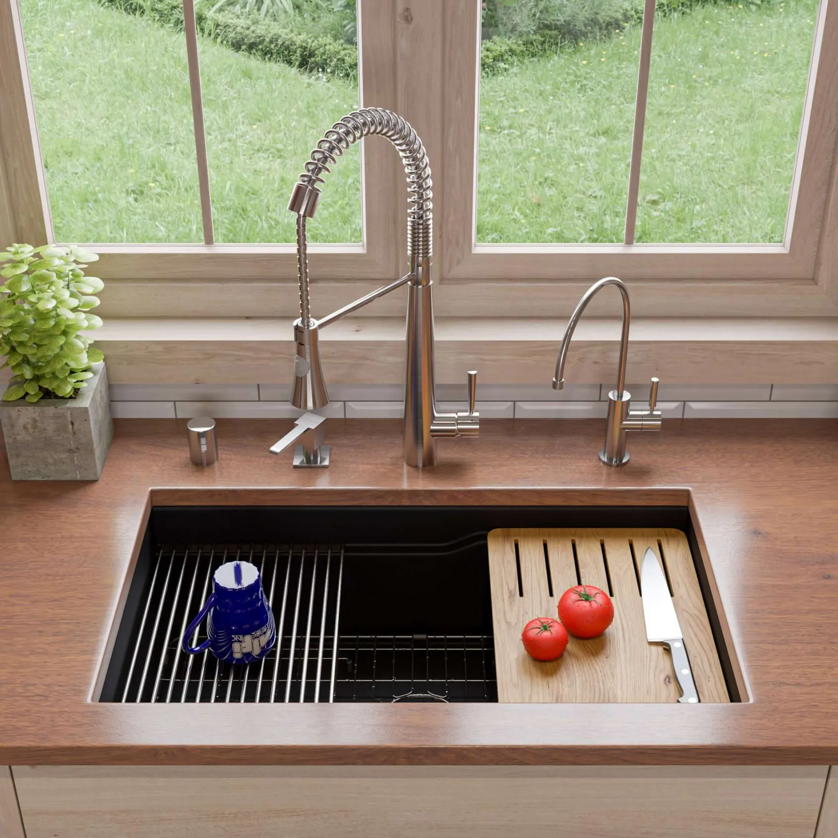 ALFI brand 32" Fireclay Workstation Dual Mount Kitchen Sink, Black Matte, Includes Drainboard, No Faucet Hole, ABFS3219SUD-BM