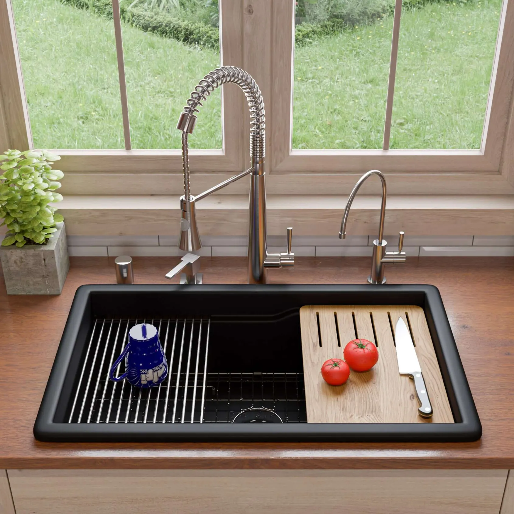 ALFI brand 32" Fireclay Workstation Dual Mount Kitchen Sink, Black Matte, Includes Drainboard, No Faucet Hole, ABFS3219SUD-BM