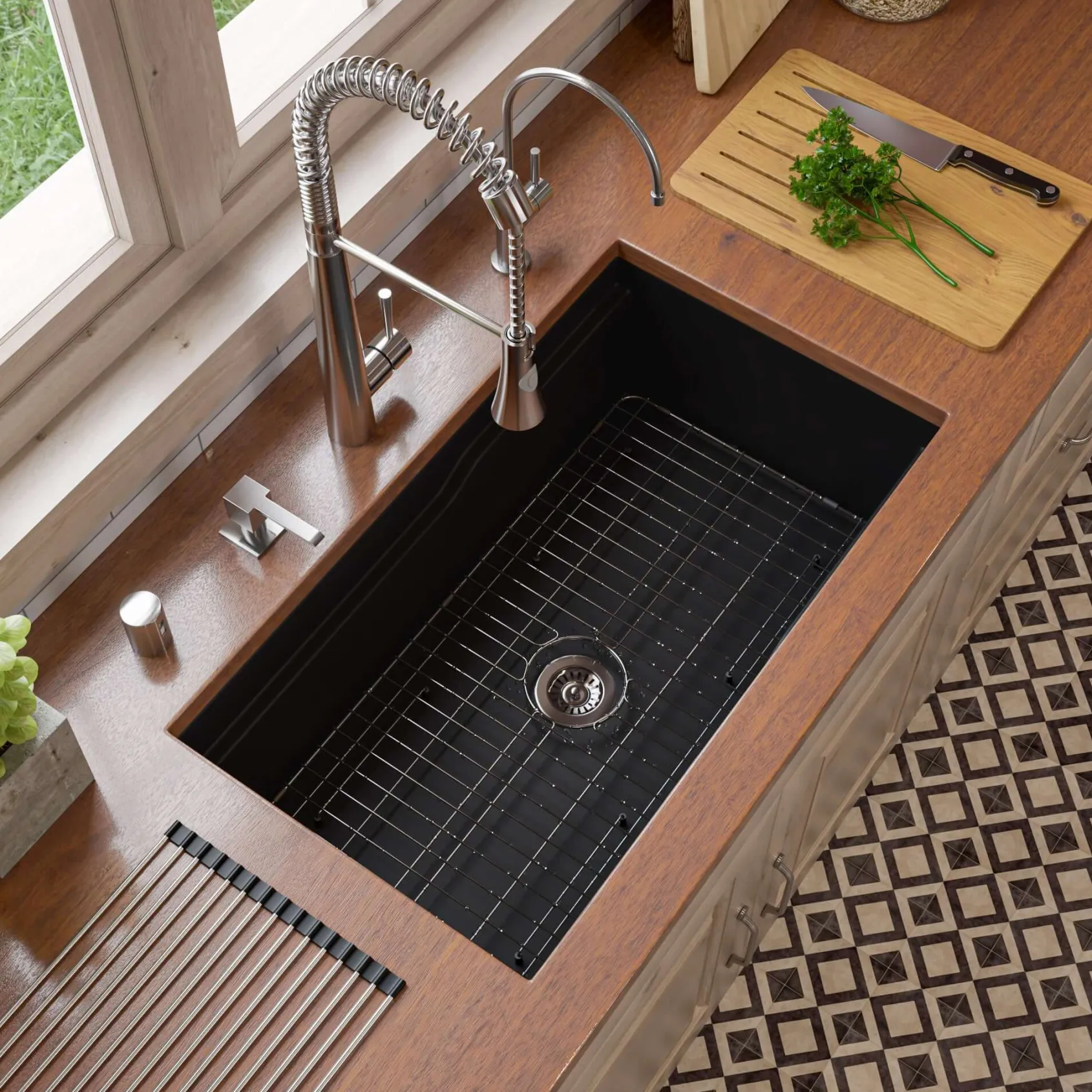 ALFI brand 32" Fireclay Workstation Dual Mount Kitchen Sink, Black Matte, Includes Drainboard, No Faucet Hole, ABFS3219SUD-BM