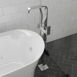 ALFI brand Brass, AB2180-PC Polished Chrome Single Lever Floor Mounted Tub Filler Mixer w Hand Held Shower Head