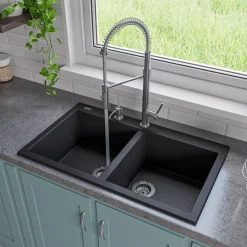 ALFI Black 34" Drop-In Double Bowl Granite Composite Kitchen Sink, AB3420DI-BLA