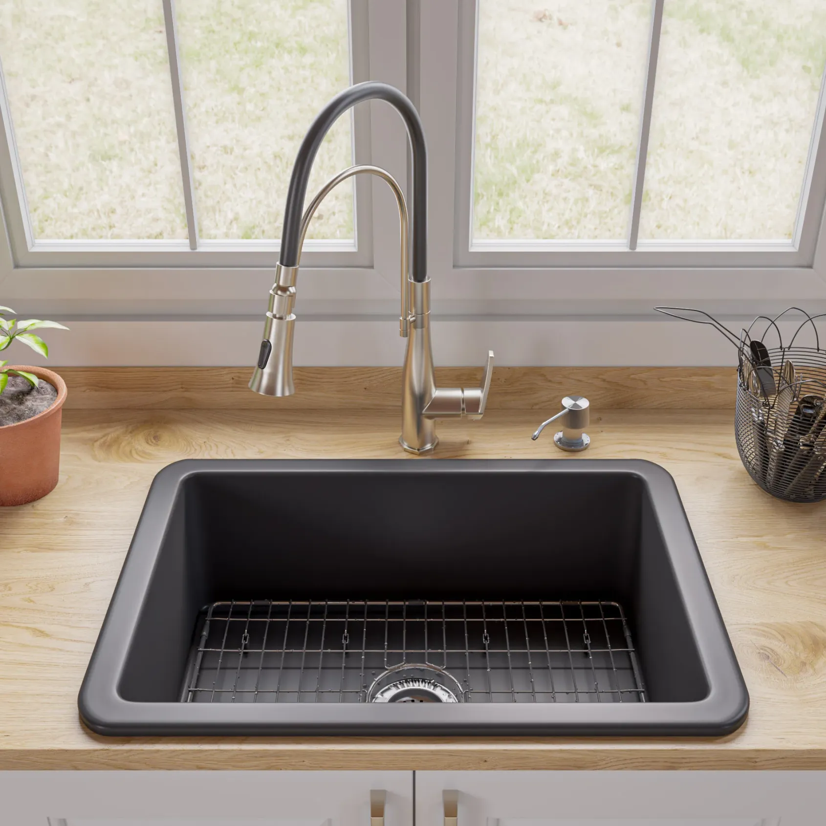 ALFI brand 27" Dual Mount Fireclay Kitchen Sink, Black Matte, No Faucet Hole, ABF2718UD-BM