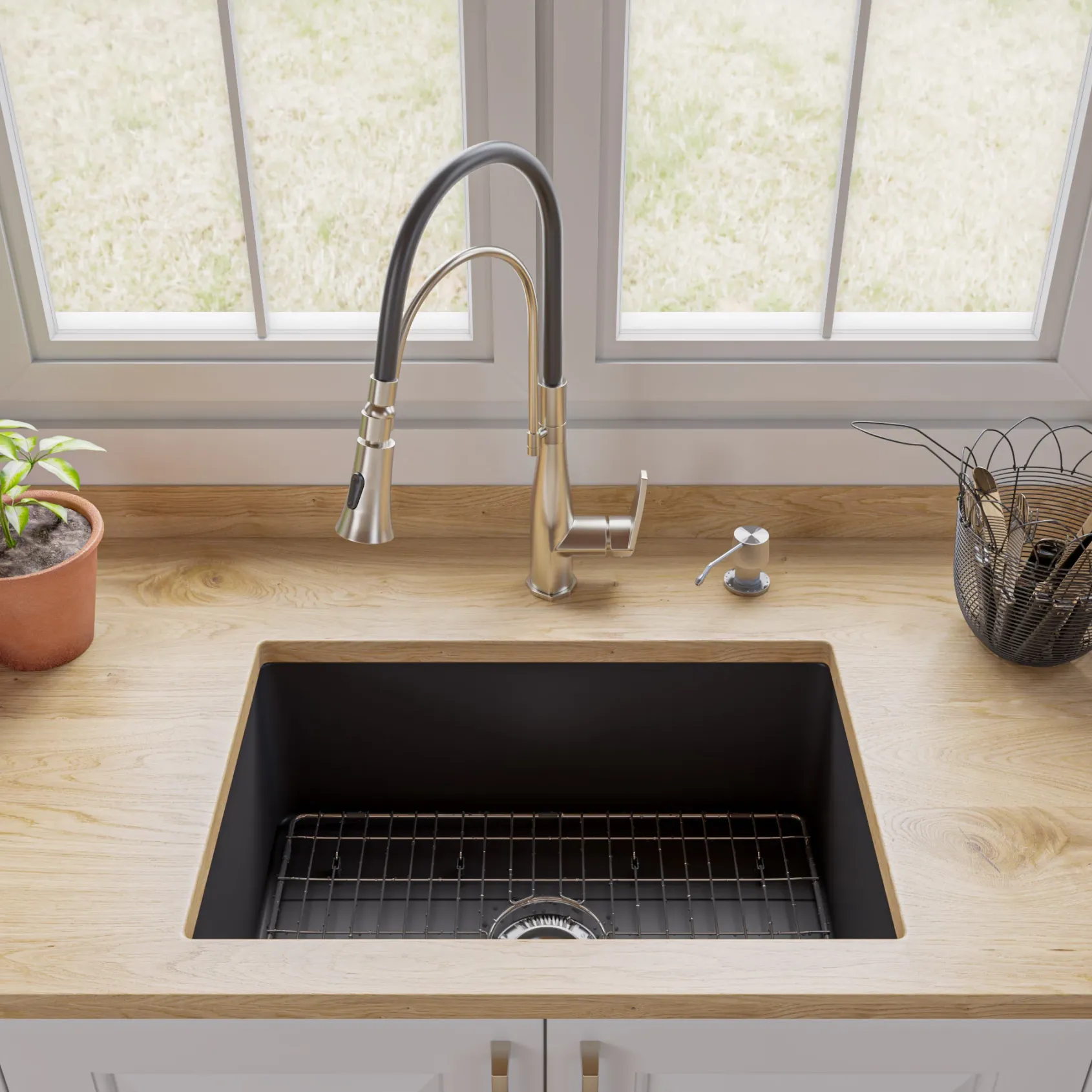 ALFI brand 27" Dual Mount Fireclay Kitchen Sink, Black Matte, No Faucet Hole, ABF2718UD-BM