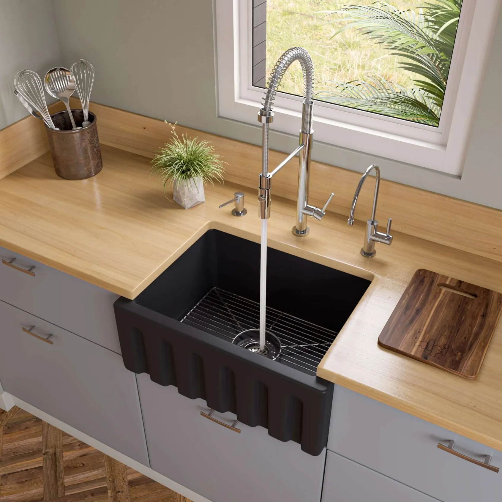 ALFI brand 24" Fireclay Farmhouse Sink, Black Matte, No Faucet Hole, AB2418HS-BM
