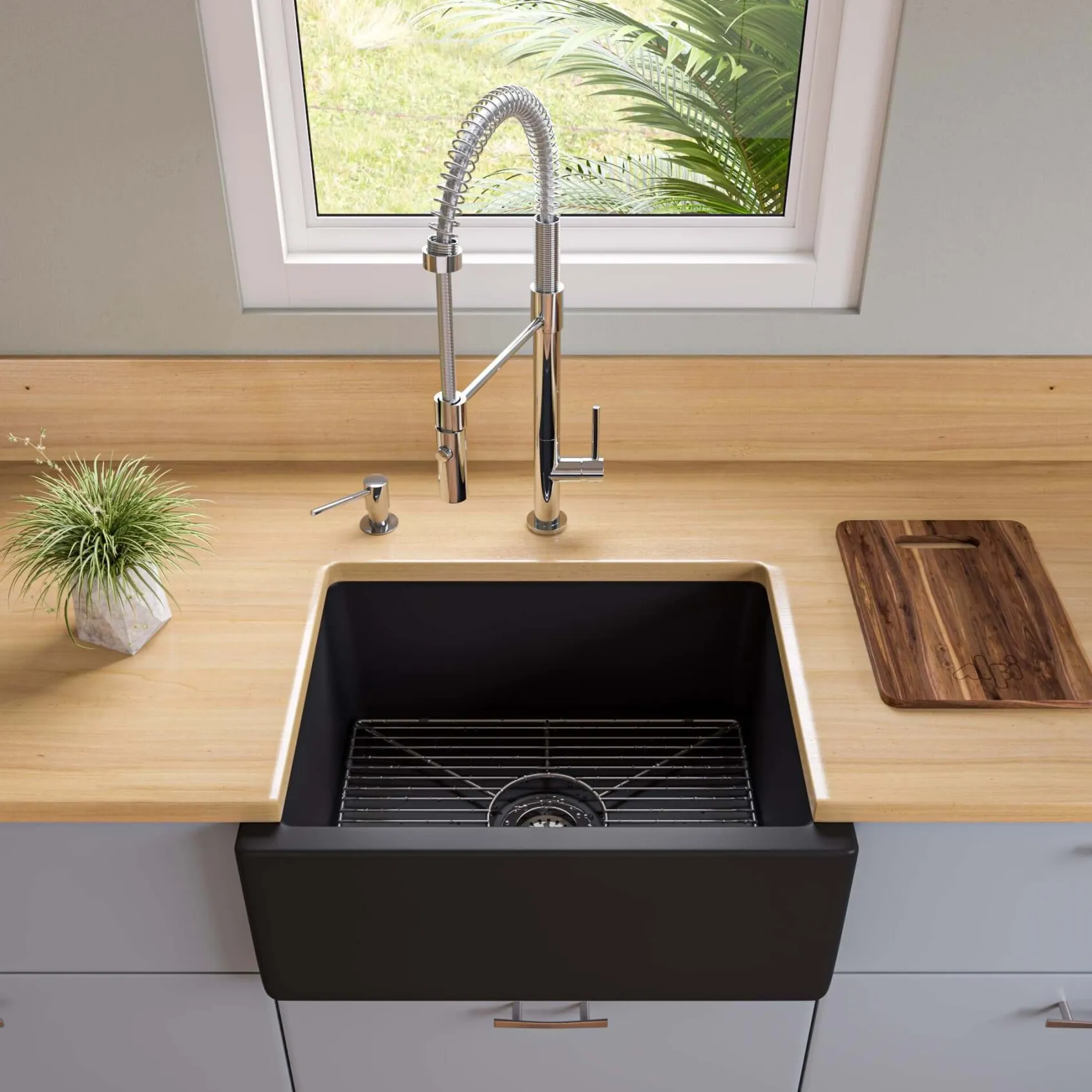 ALFI brand 24" Fireclay Farmhouse Sink, Black Matte, No Faucet Hole, AB2418HS-BM