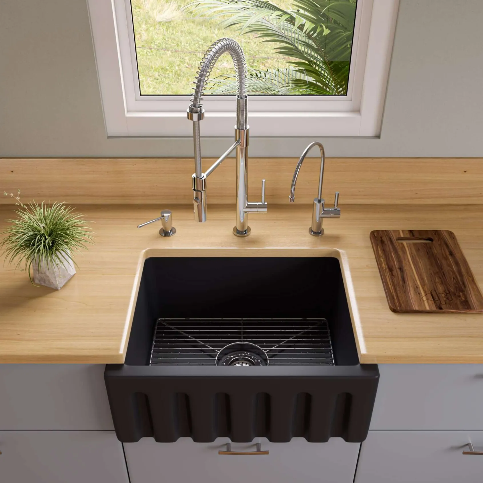 ALFI brand 24" Fireclay Farmhouse Sink, Black Matte, No Faucet Hole, AB2418HS-BM