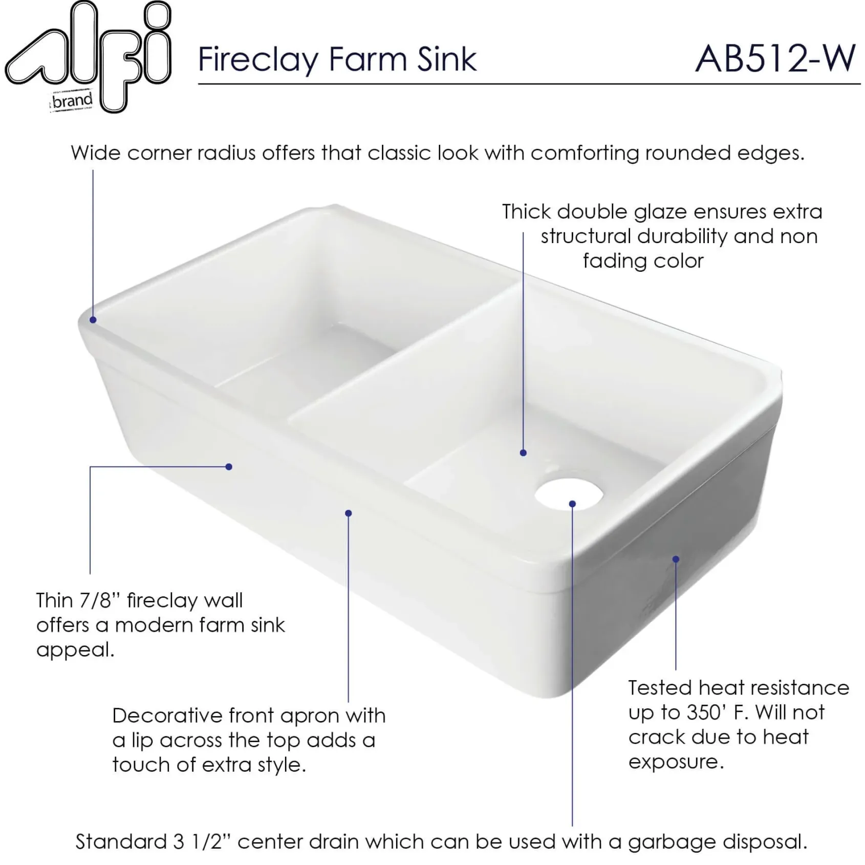 ALFI 32" Double Bowl Fireclay Farmhouse Apron Sink, White, AB512-W