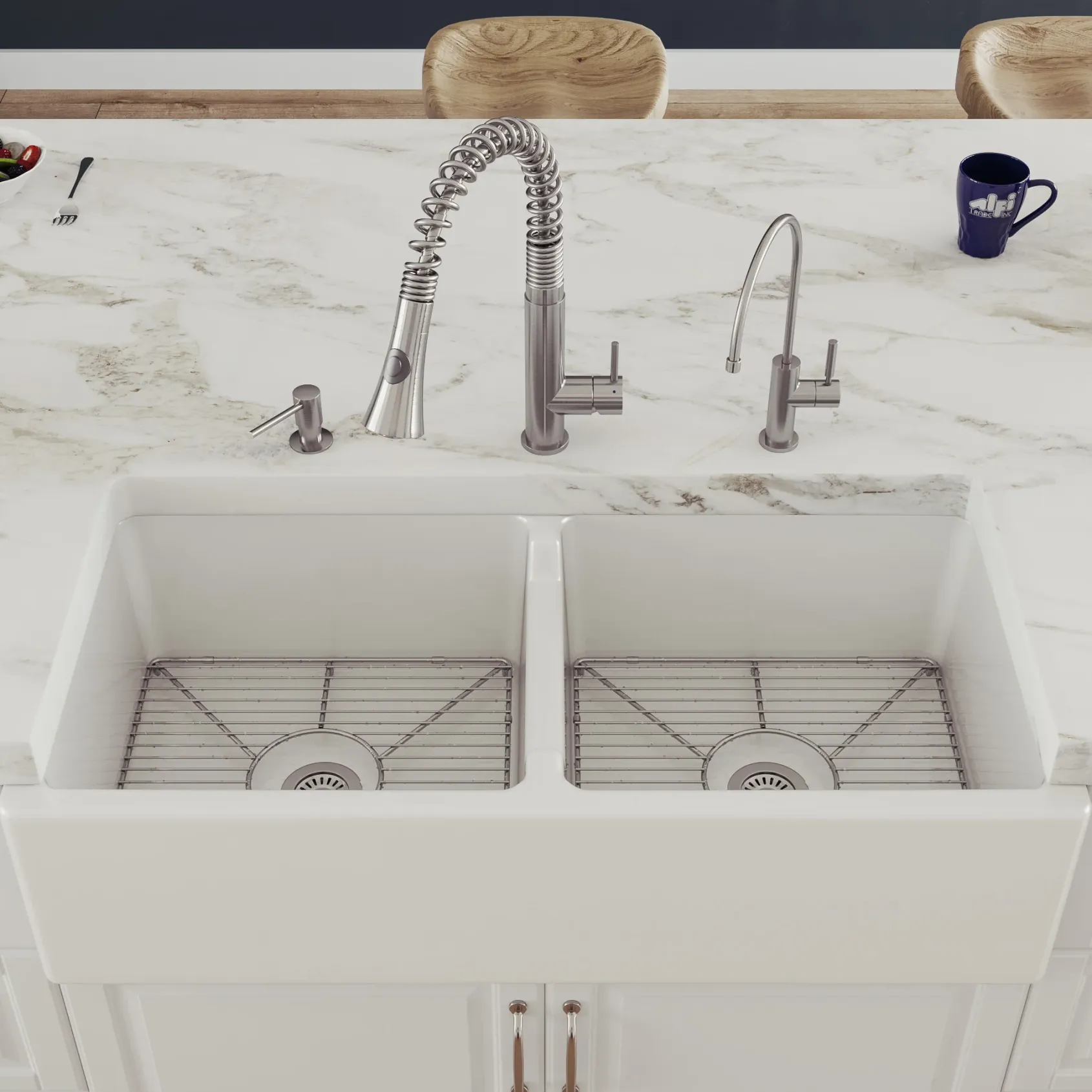 ALFI 39" Fireclay Double Bowl Bowl Farmhouse Apron Sink, White, AB3918DB-W