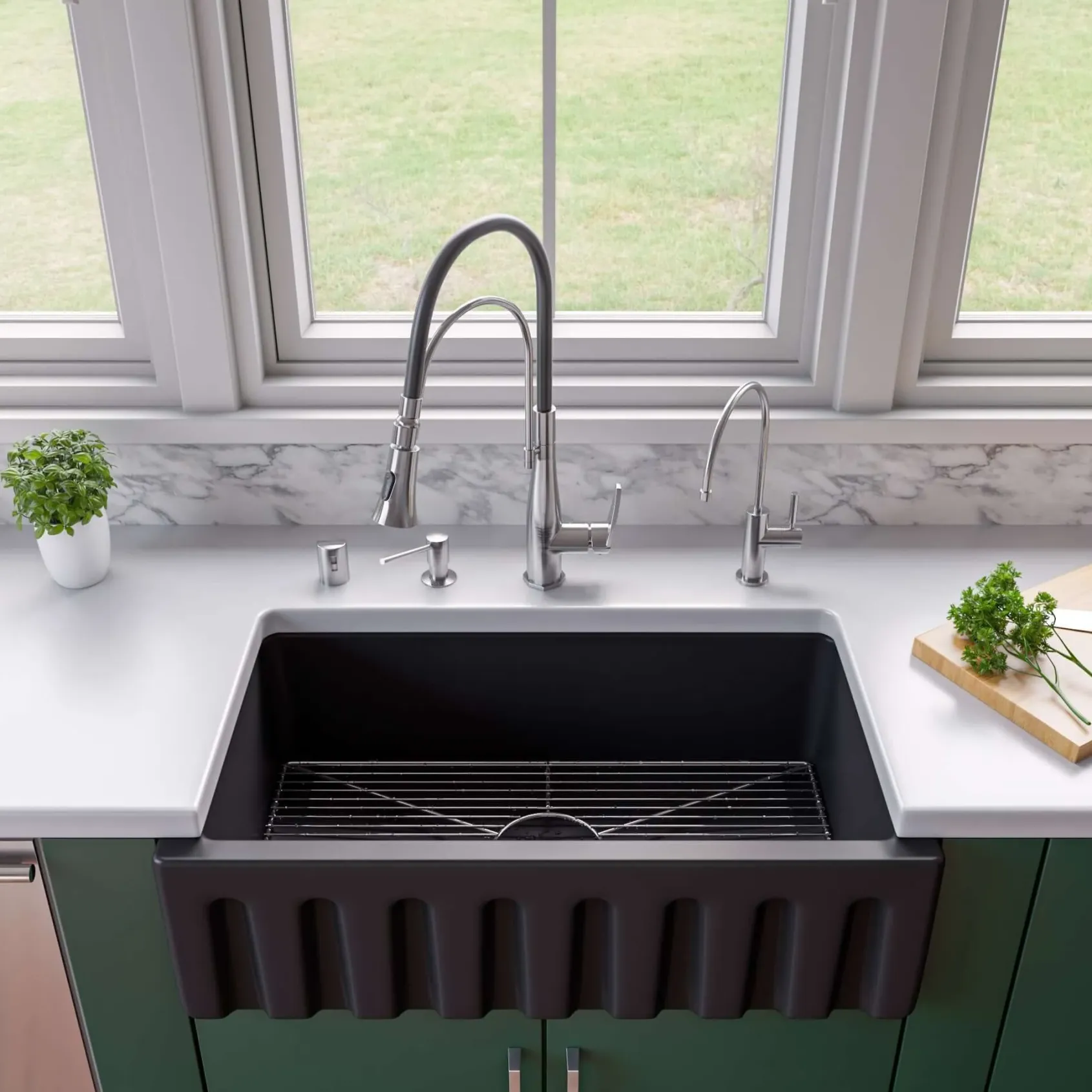 ALFI 33" Fireclay Farmhouse Kitchen Sink, Single Bowl, Reversible, Black Matte, AB3318HS-BM