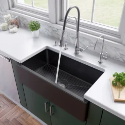 ALFI 33" Fireclay Farmhouse Kitchen Sink, Single Bowl, Reversible, Black Gloss, AB3318HS-BG