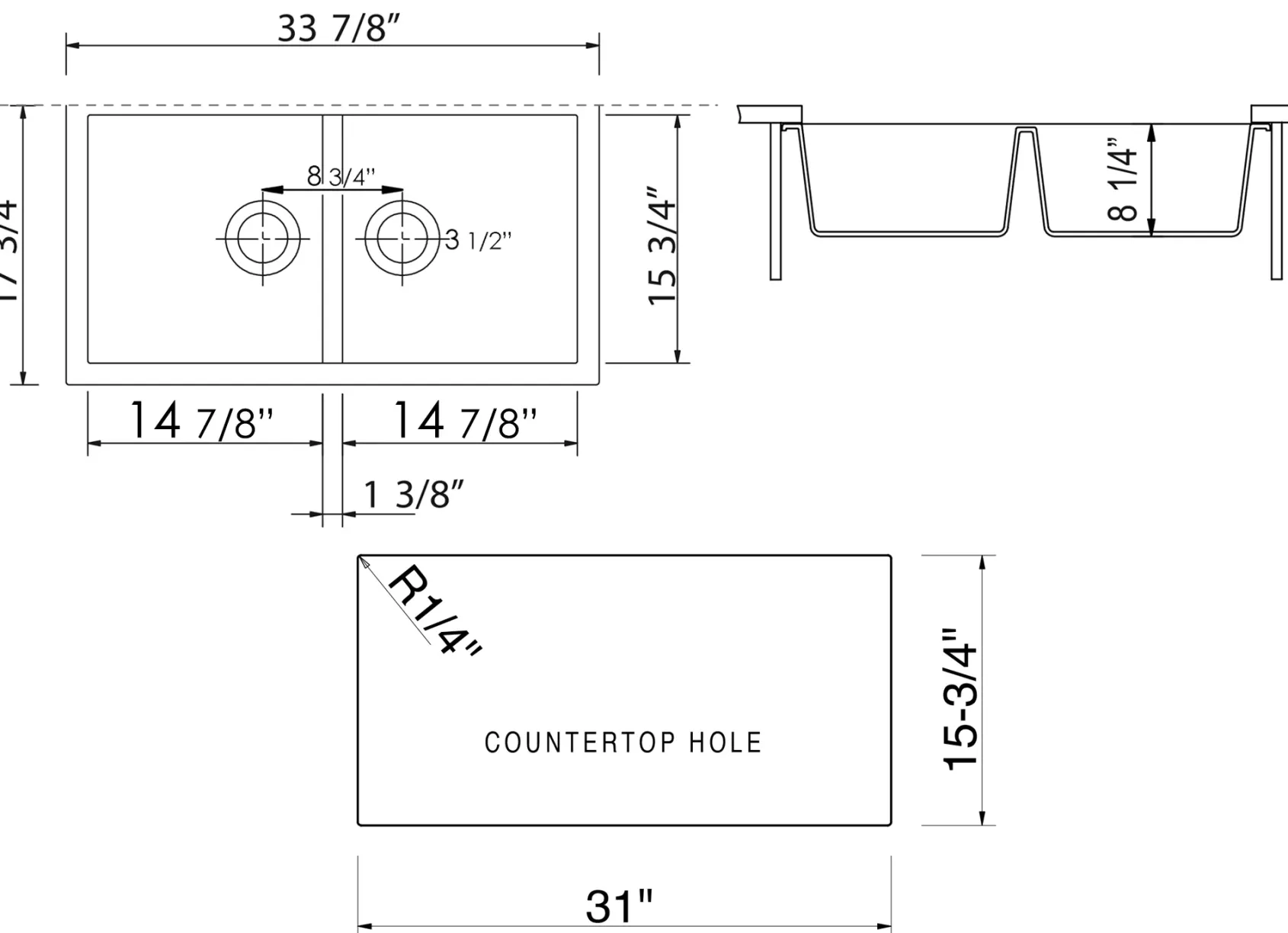 ALFI White 34" Undermount Double Bowl Granite Composite Kitchen Sink, AB3420UM-W