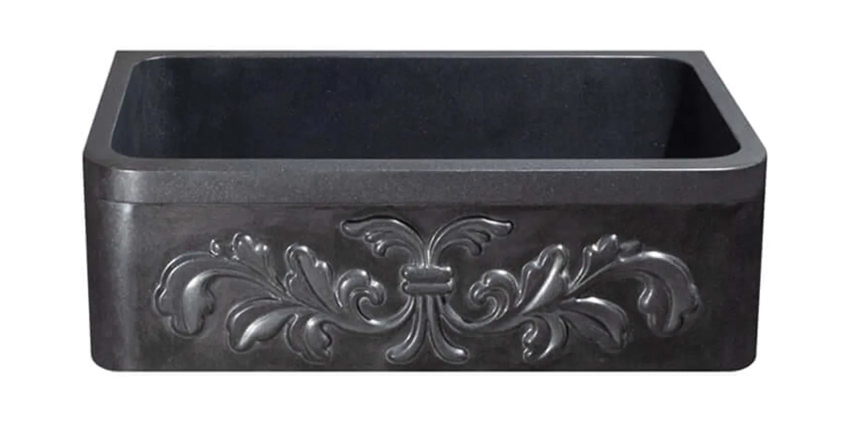 30" Black Granite Stone Farmhouse Kitchen Sink, Single Bowl, Floral Front, KF302010SB-F2-BK