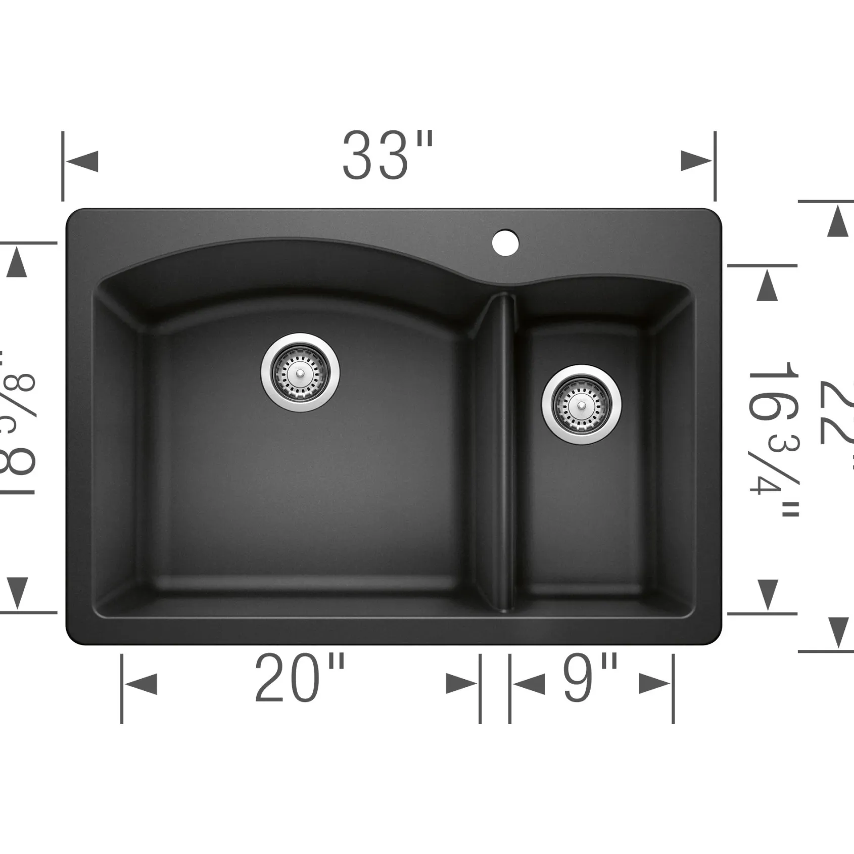 Blanco Diamond 33" Dual Mount Granite Composite Kitchen Sink, Silgranit, 70/30 Double Bowl, Anthracite, 440199