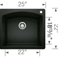 Blanco Diamond 25" Dual Mount Granite Composite Kitchen Sink, Silgranit, Coal Black, 442905