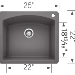 Blanco Diamond 25" Dual Mount Granite Composite Kitchen Sink, Silgranit, Cinder, 441463