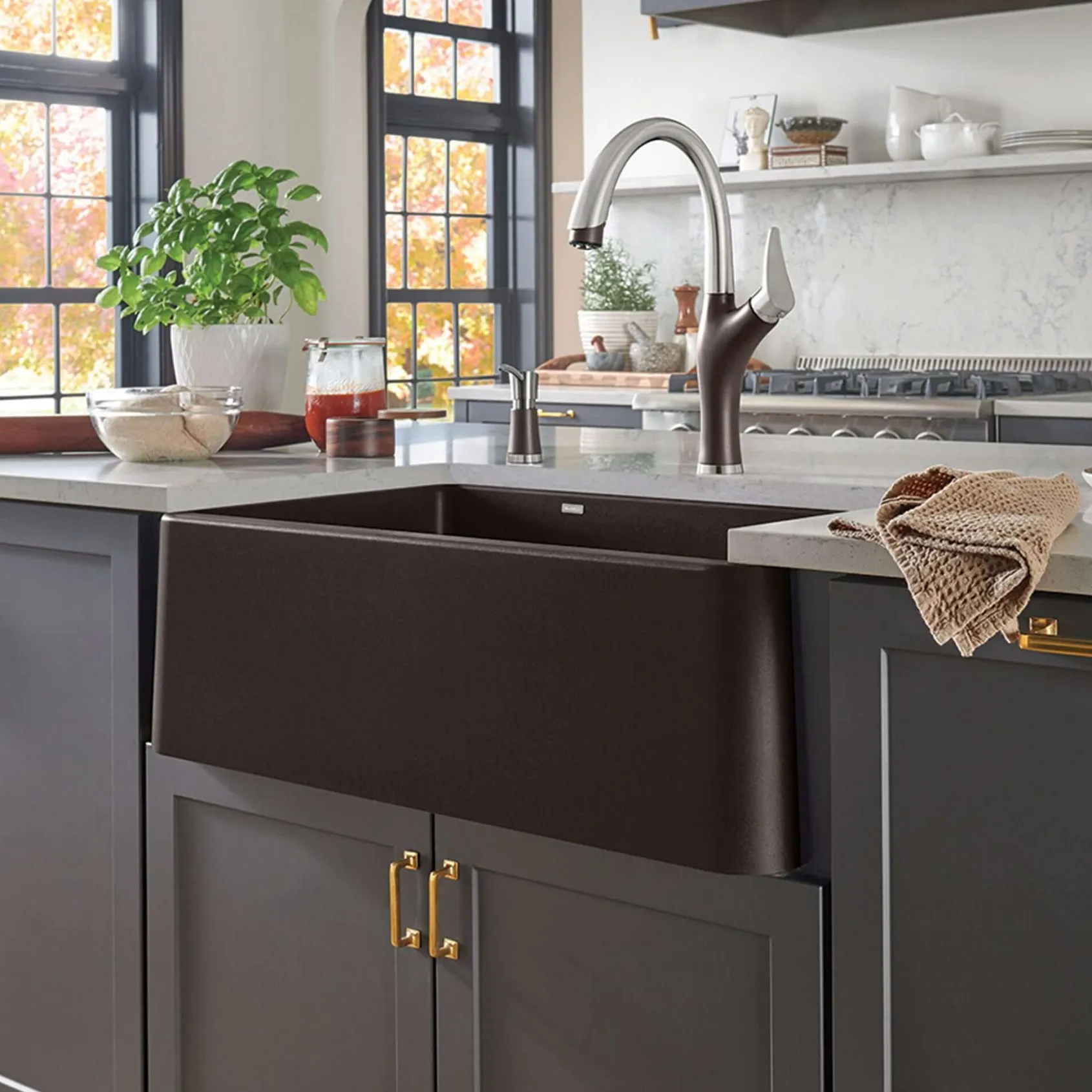 Blanco Ikon 33" Granite Composite Farmhouse Sink, Silgranit, 60/40 Double Bowl, Cafe, 402323