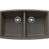 Blanco Performa 33" Undermount Silgranit Kitchen Sink, 50/50 Double Bowl, Volcano Gray, No Faucet Hole, 443123