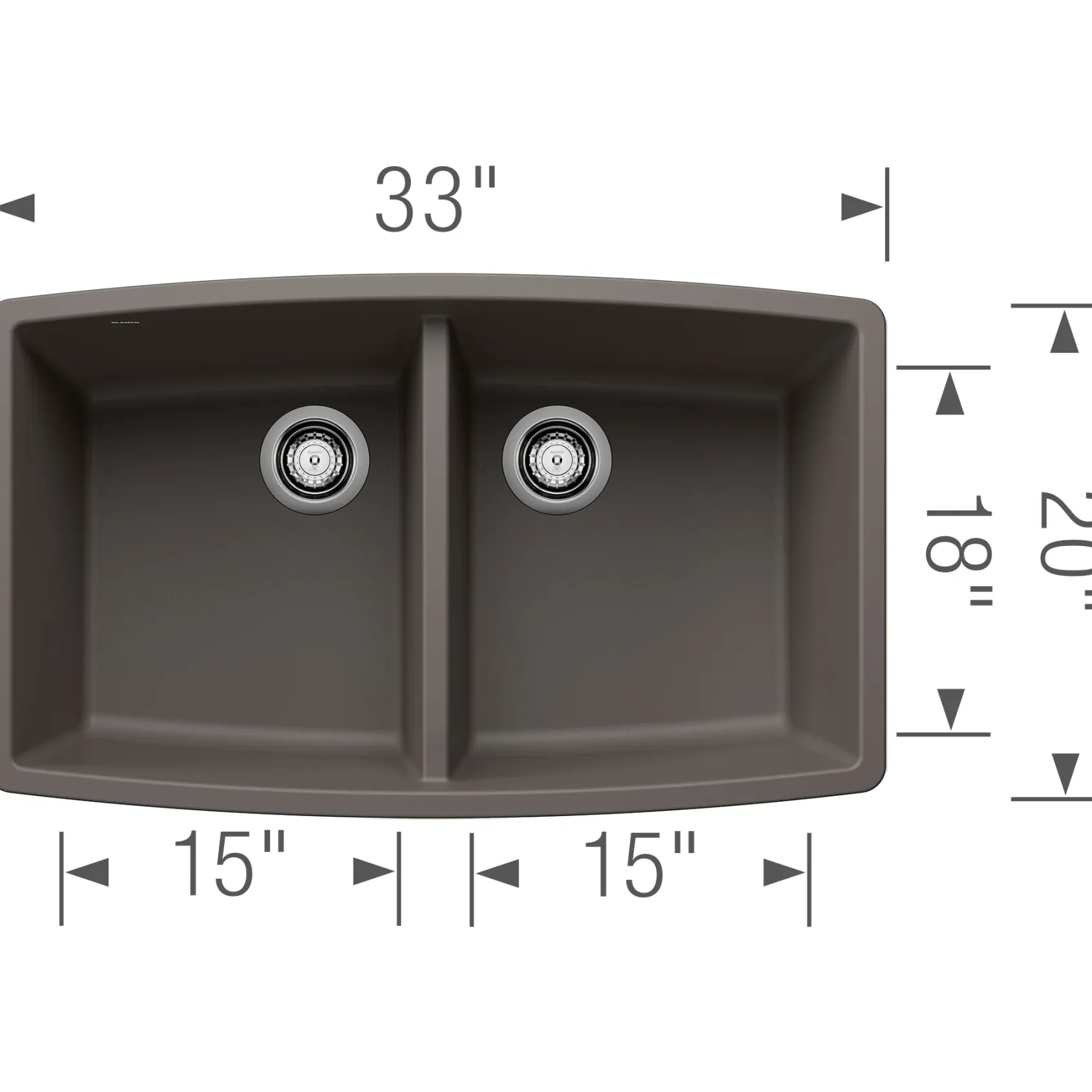 Blanco Performa 33" Undermount Silgranit Kitchen Sink, 50/50 Double Bowl, Volcano Gray, No Faucet Hole, 443123