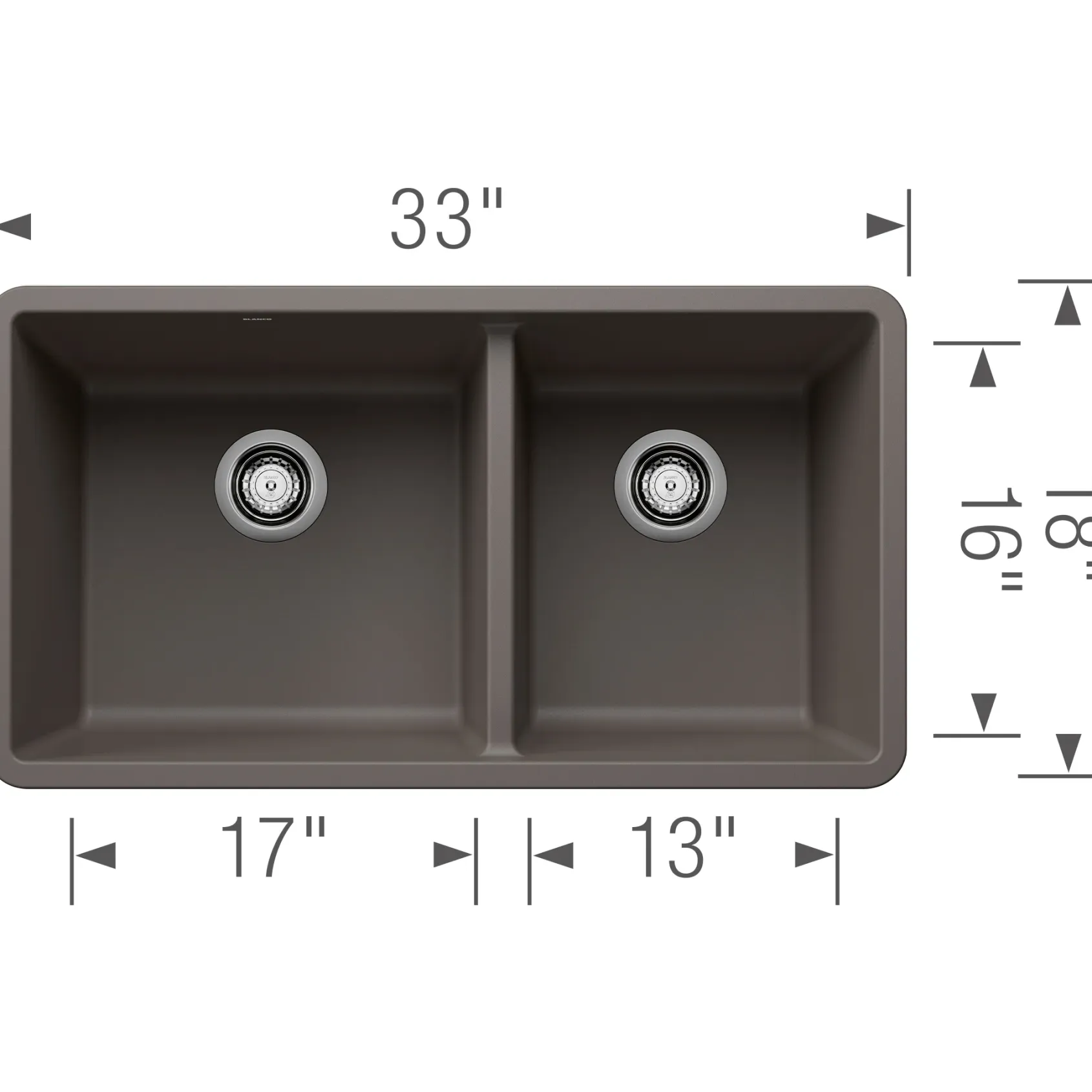 Blanco Precis 33" Undermount Granite Composite Kitchen Sink, Silgranit, 60/40 Double Bowl, Volcano Gray, 443118