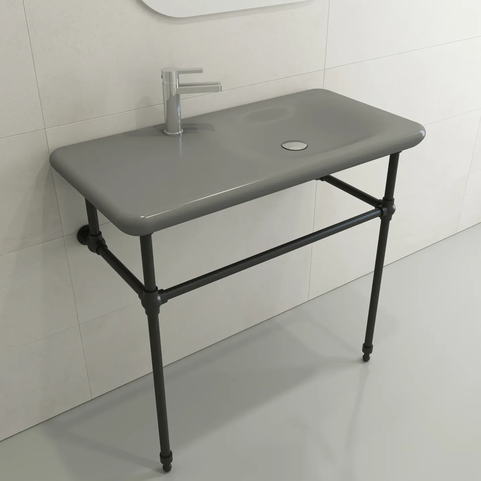 BOCCHI Fenice 36" Rectangle Wallmount Fireclay Bathroom Sink, Matte Gray, Single Faucet Hole, 1490-006-0126