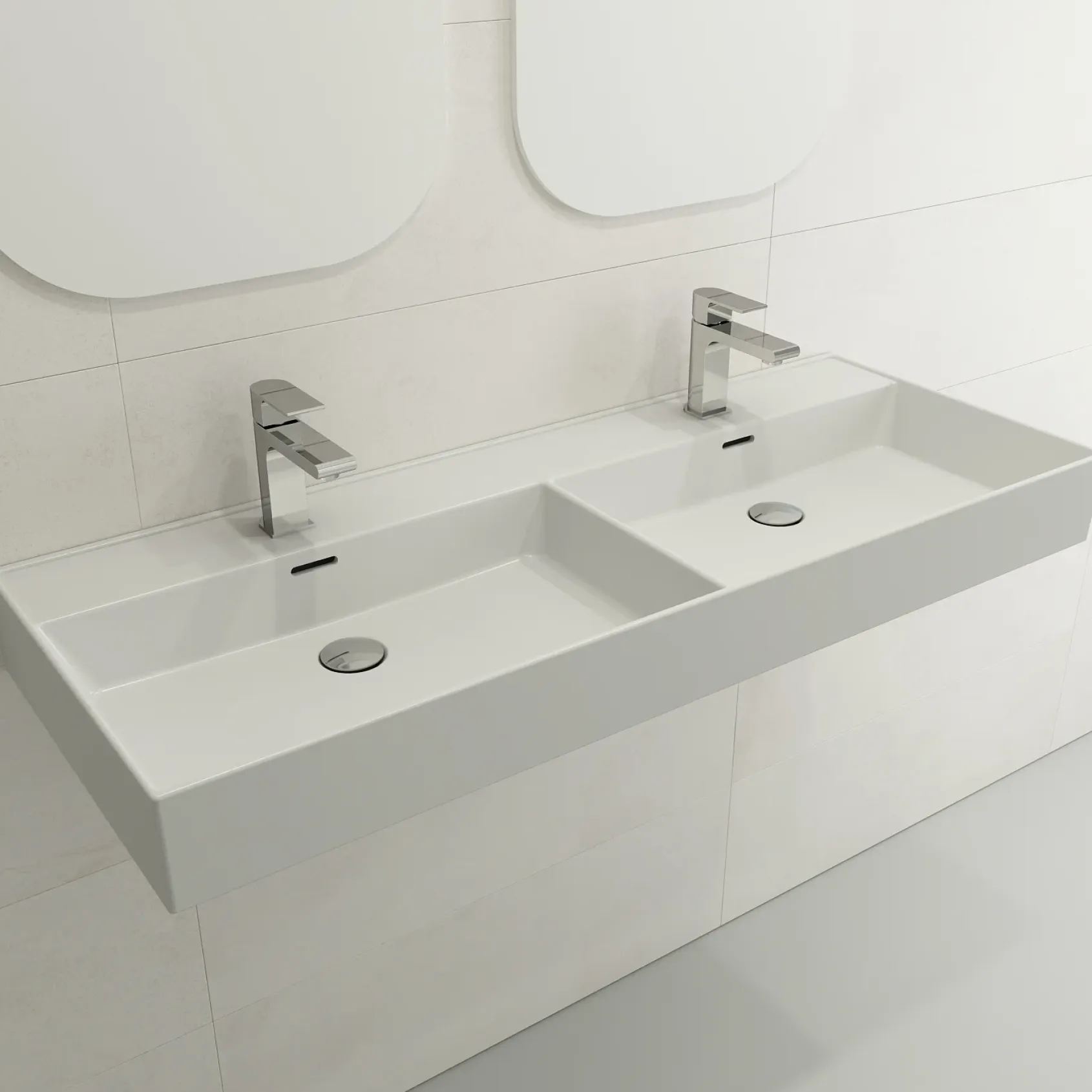 BOCCHI Milano 48" Rectangle Wallmount Fireclay Bathroom Sink, Double Basin, Matte White, Single Faucet Hole, 1393-002-0132
