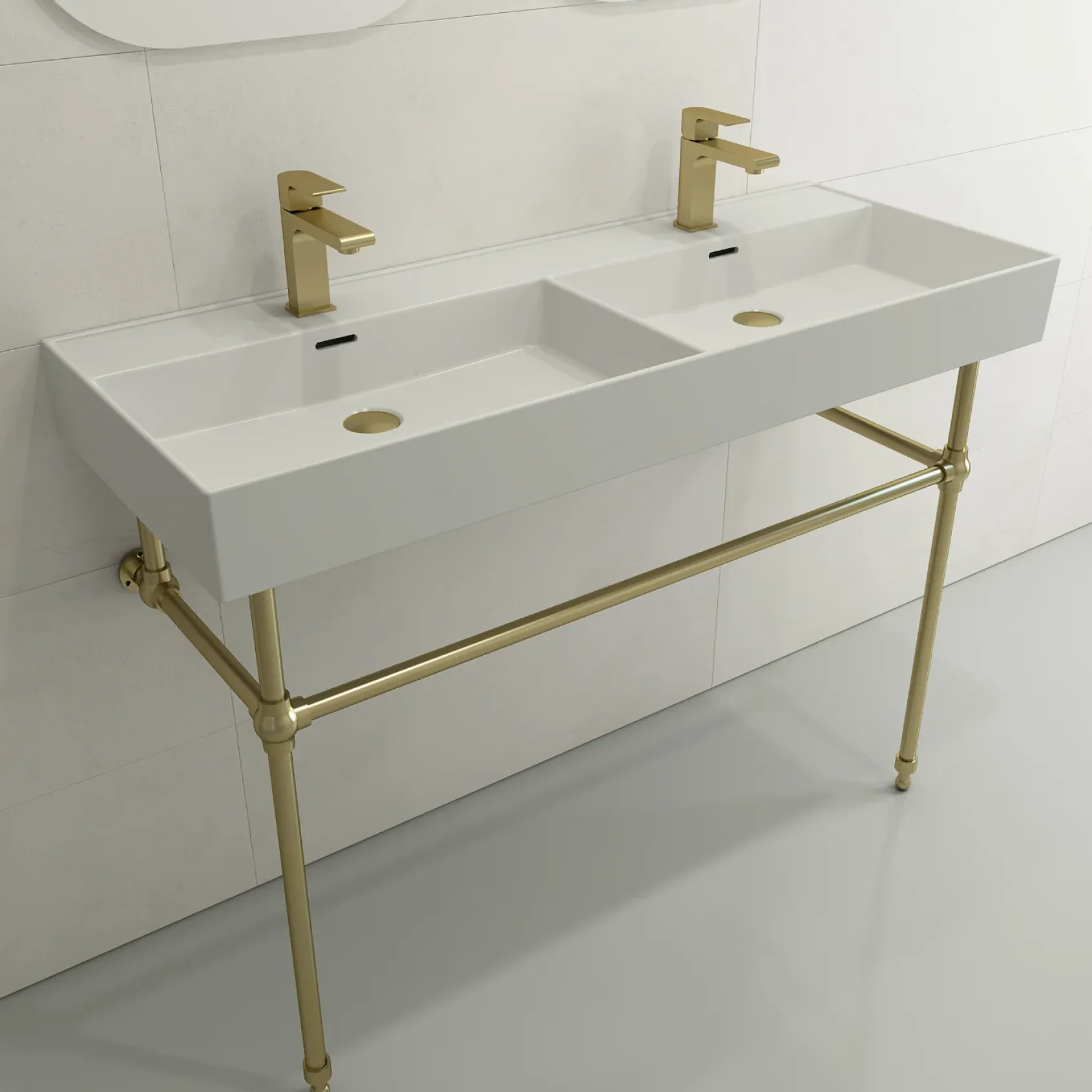 BOCCHI Milano 48" Rectangle Wallmount Fireclay Bathroom Sink, Double Basin, Matte White, Single Faucet Hole, 1393-002-0132