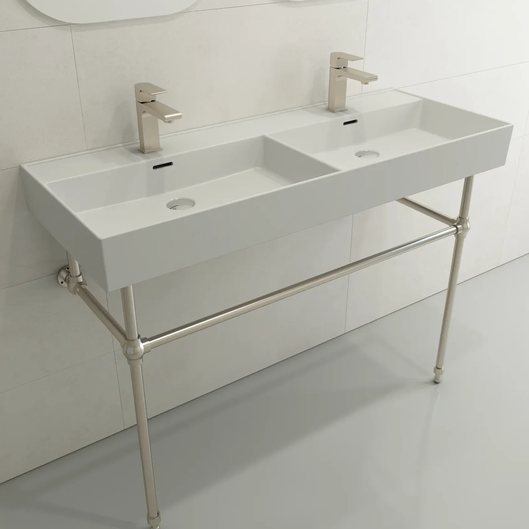 BOCCHI Milano 48" Rectangle Wallmount Fireclay Bathroom Sink, Double Basin, Matte White, Single Faucet Hole, 1393-002-0132