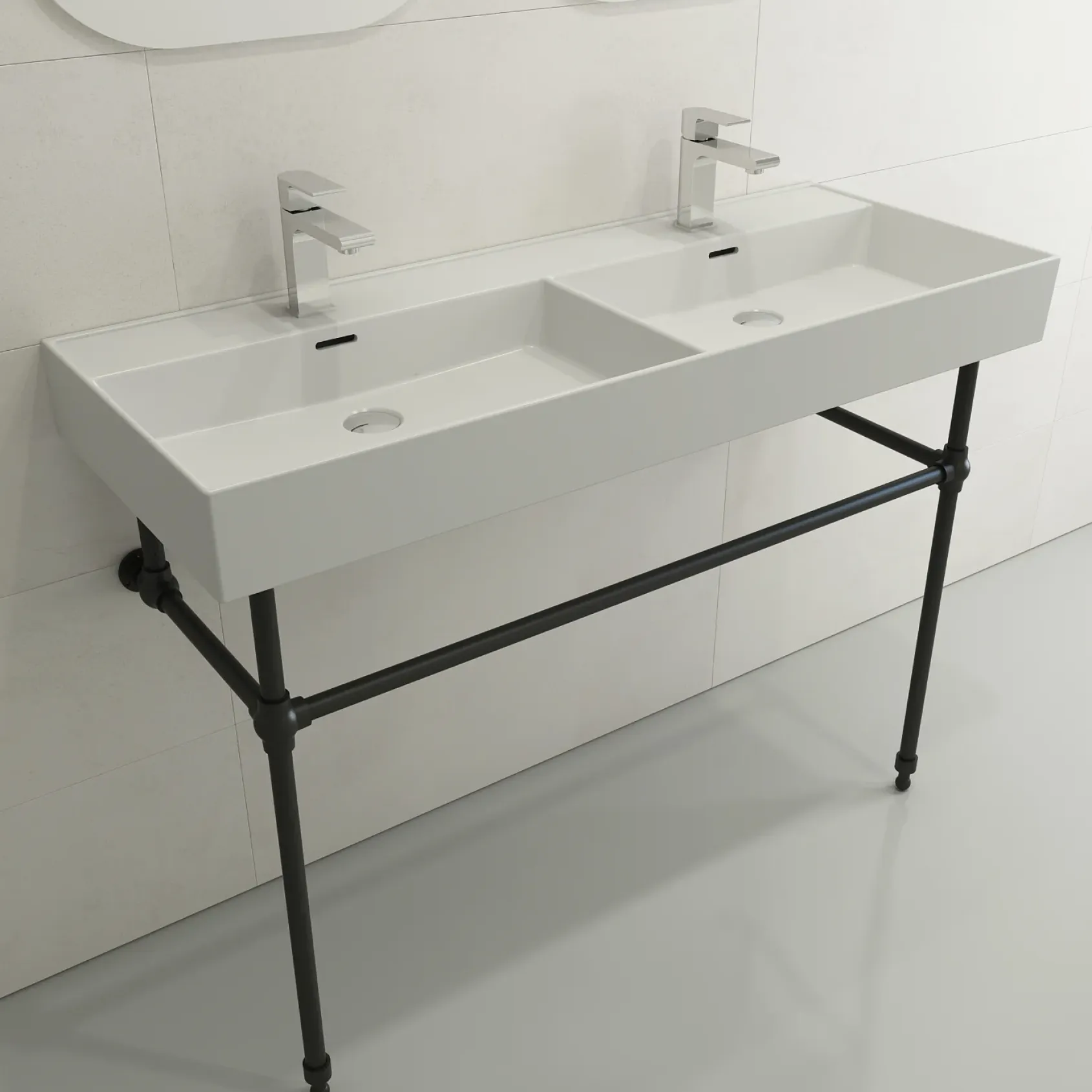 BOCCHI Milano 48" Rectangle Wallmount Fireclay Bathroom Sink, Double Basin, Matte White, Single Faucet Hole, 1393-002-0132