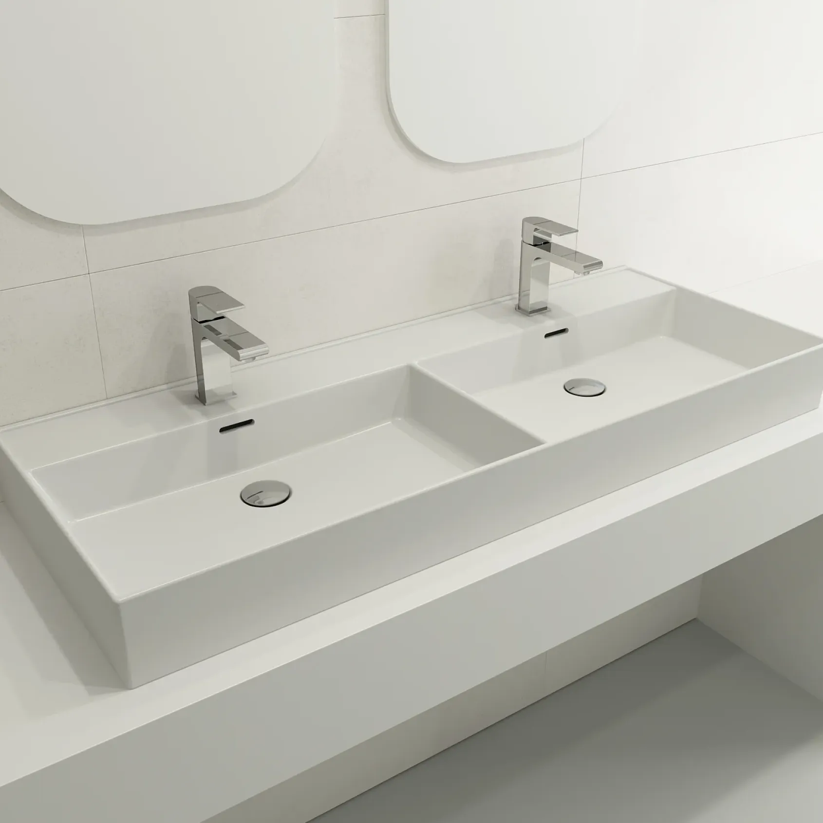 BOCCHI Milano 48" Rectangle Wallmount Fireclay Bathroom Sink, Double Basin, Matte White, Single Faucet Hole, 1393-002-0132