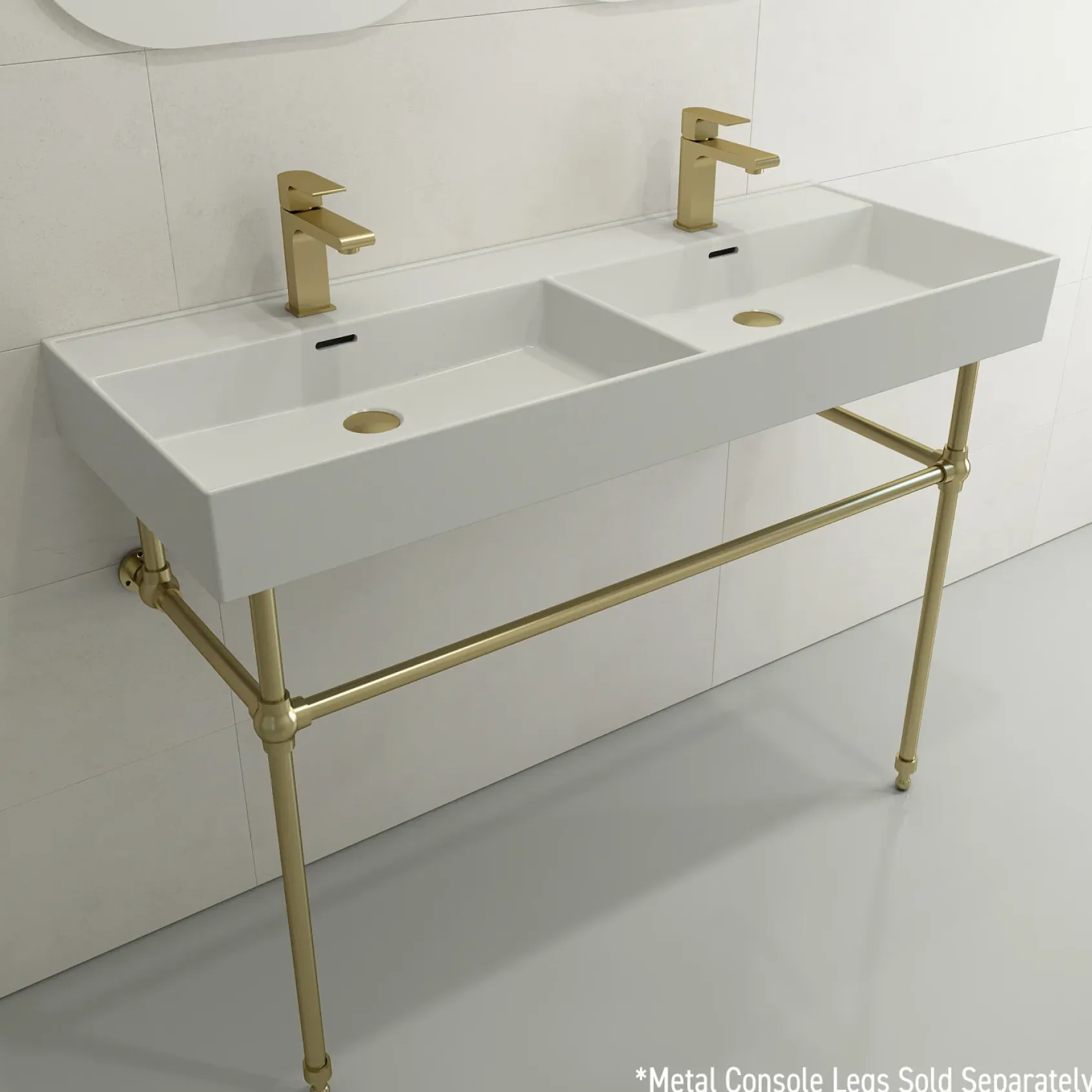 BOCCHI Milano 48" Rectangle Wallmount Fireclay Bathroom Sink, Double Basin, Matte White, Single Faucet Hole, 1393-002-0132