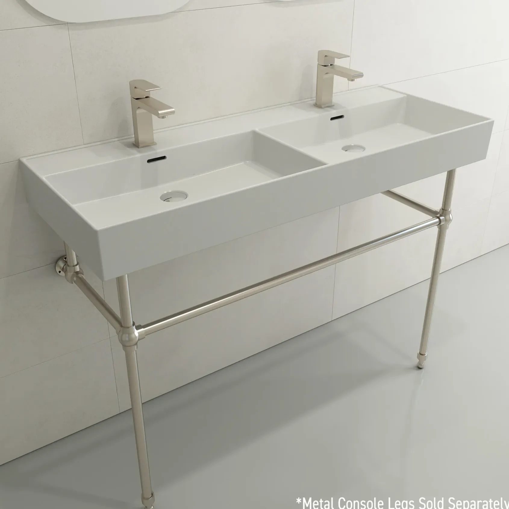 BOCCHI Milano 48" Rectangle Wallmount Fireclay Bathroom Sink, Double Basin, Matte White, Single Faucet Hole, 1393-002-0132
