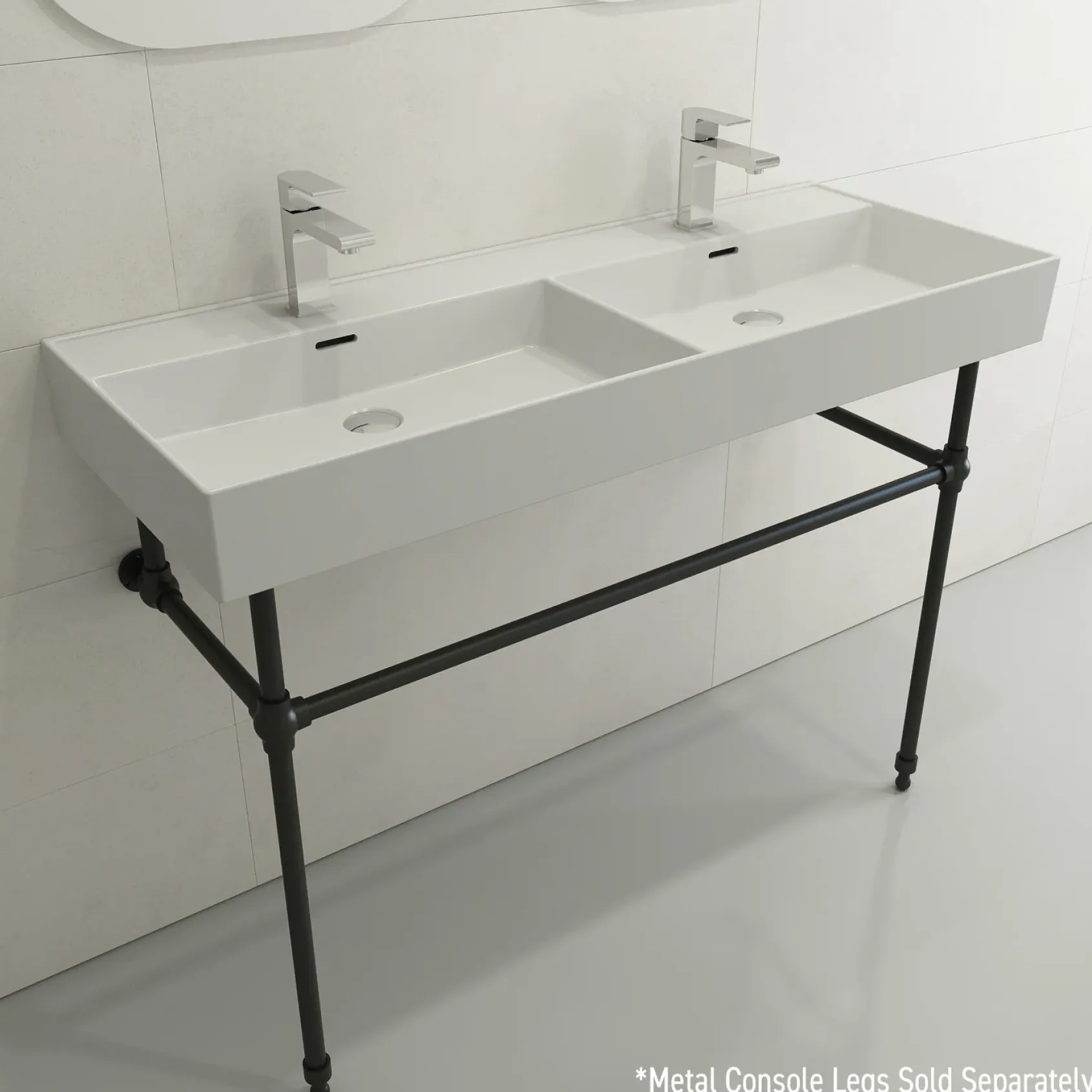 BOCCHI Milano 48" Rectangle Wallmount Fireclay Bathroom Sink, Double Basin, Matte White, Single Faucet Hole, 1393-002-0132
