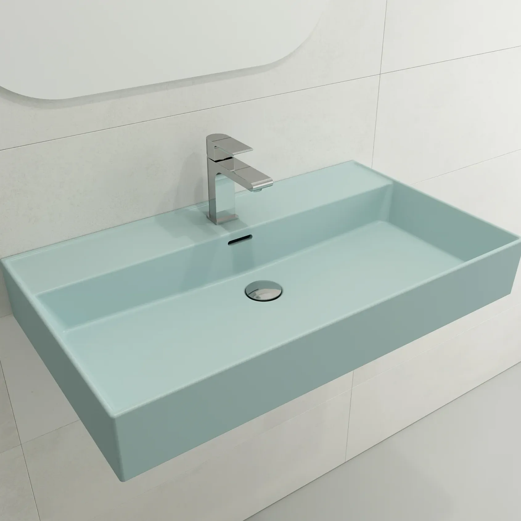 BOCCHI Milano 32" Rectangle Wallmount Fireclay Bathroom Sink, Matte Ice Blue, Single Faucet Hole, 1377-029-0126