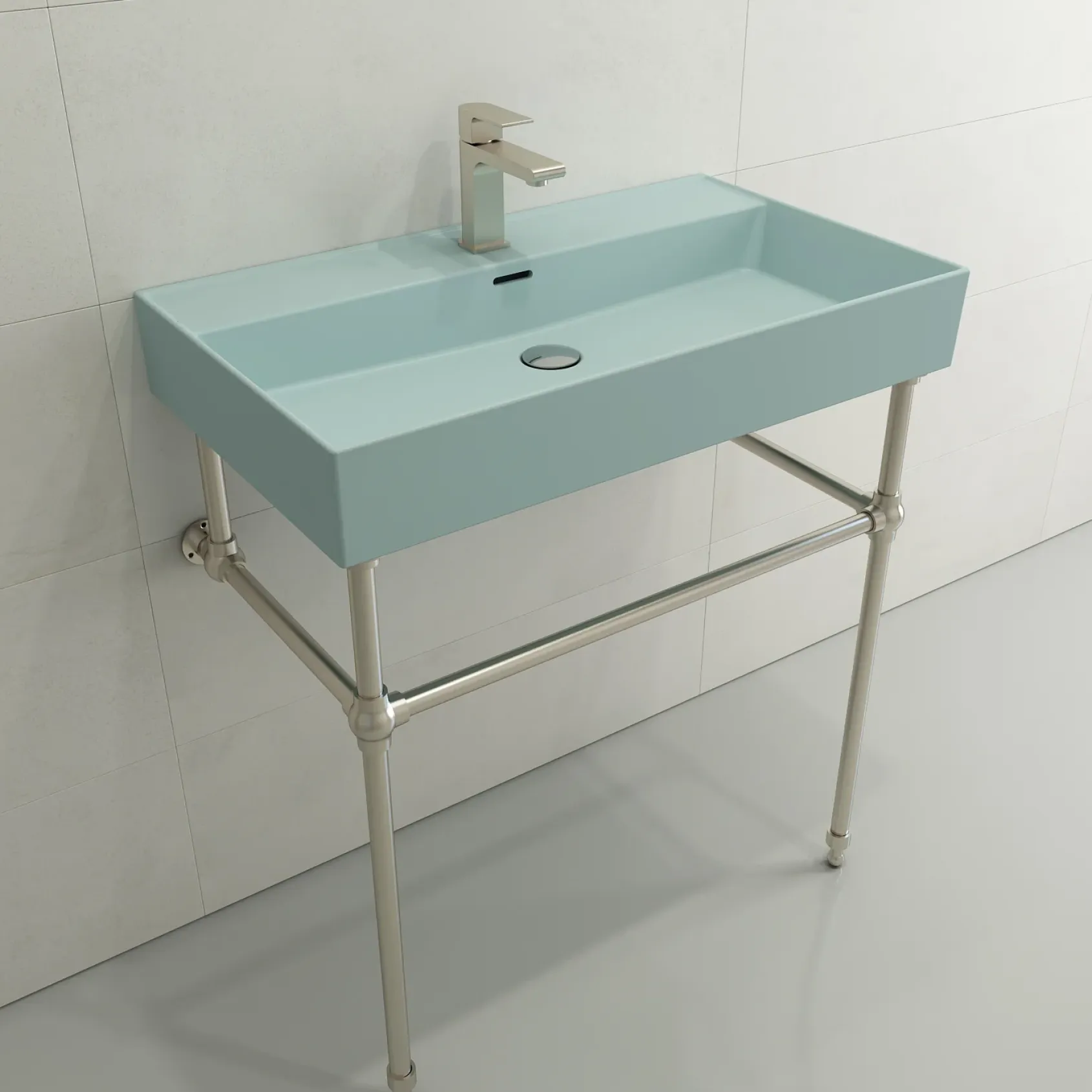 BOCCHI Milano 32" Rectangle Wallmount Fireclay Bathroom Sink, Matte Ice Blue, Single Faucet Hole, 1377-029-0126