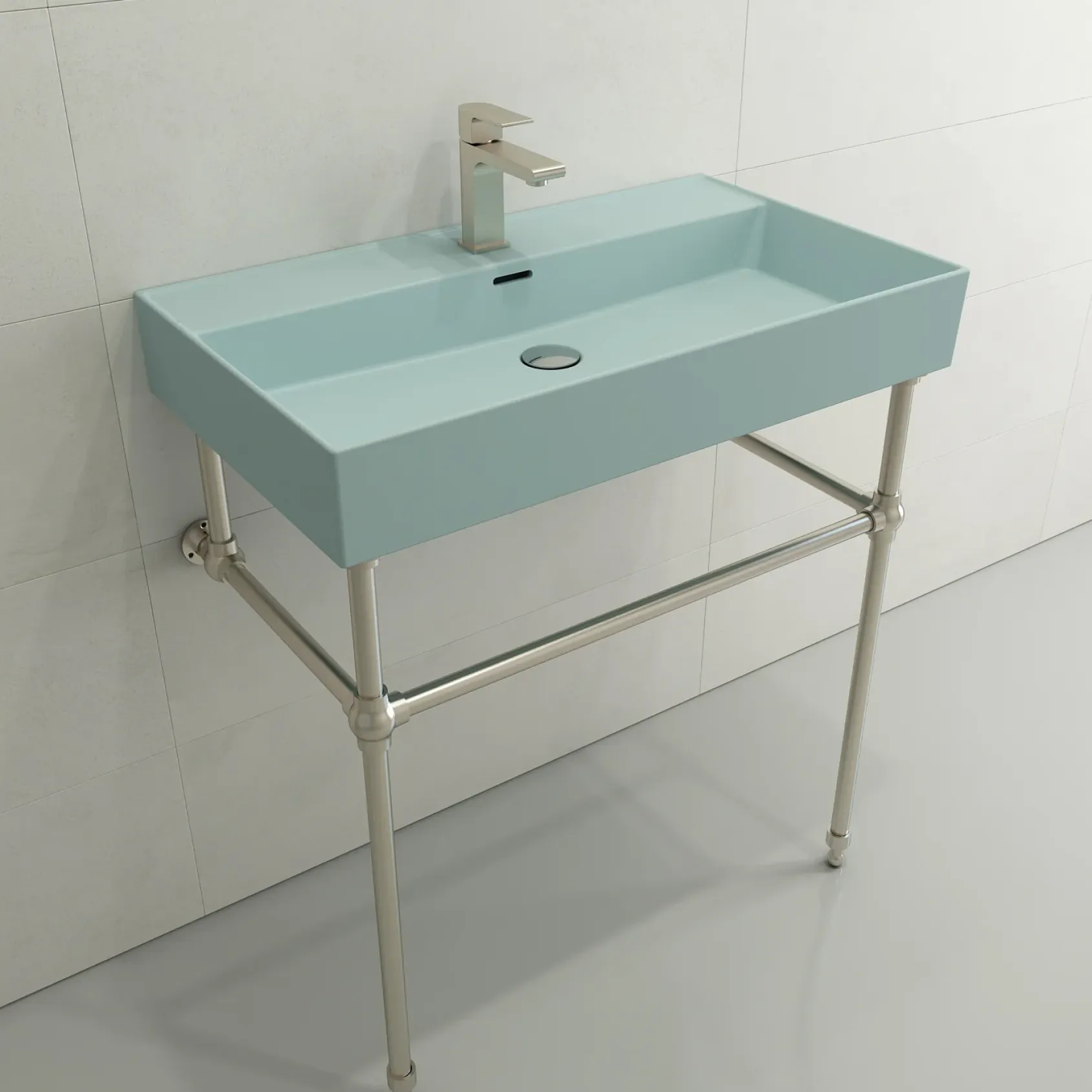 BOCCHI Milano 32" Rectangle Wallmount Fireclay Bathroom Sink, Matte Ice Blue, Single Faucet Hole, 1377-029-0126