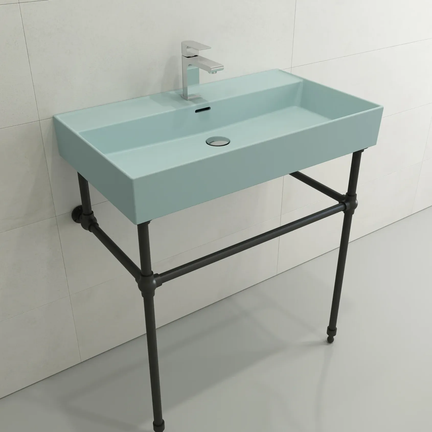 BOCCHI Milano 32" Rectangle Wallmount Fireclay Bathroom Sink, Matte Ice Blue, Single Faucet Hole, 1377-029-0126