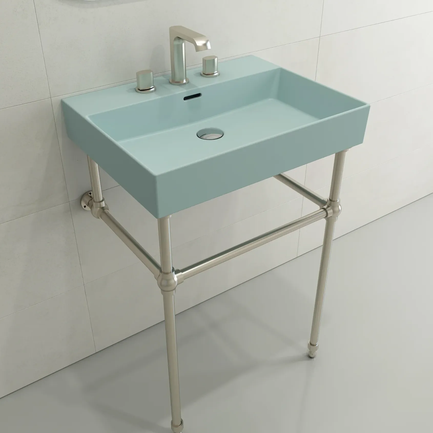 BOCCHI Milano 24" Rectangle Wallmount Fireclay Bathroom Sink, Matte Ice Blue, 3 Faucet Hole, 1376-029-0127