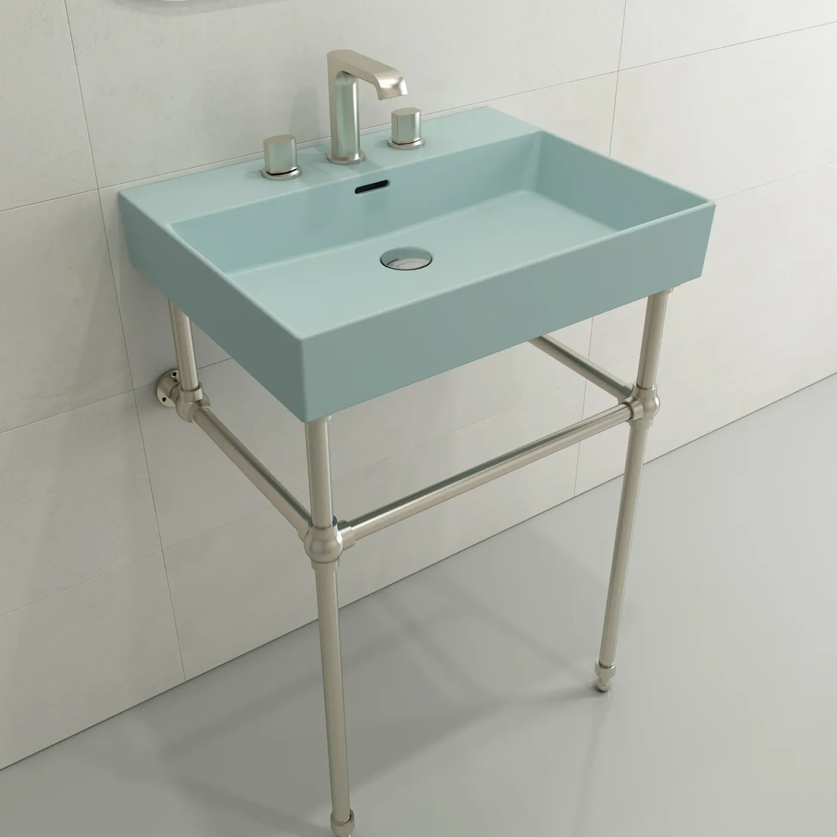 BOCCHI Milano 24" Rectangle Wallmount Fireclay Bathroom Sink, Matte Ice Blue, 3 Faucet Hole, 1376-029-0127
