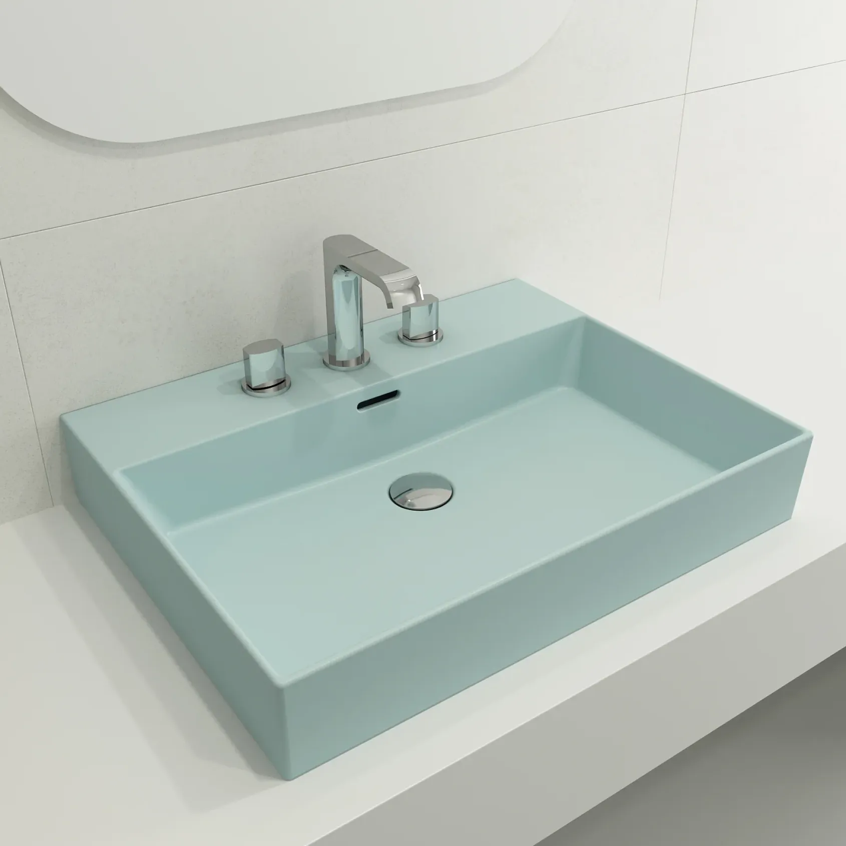 BOCCHI Milano 24" Rectangle Wallmount Fireclay Bathroom Sink, Matte Ice Blue, 3 Faucet Hole, 1376-029-0127