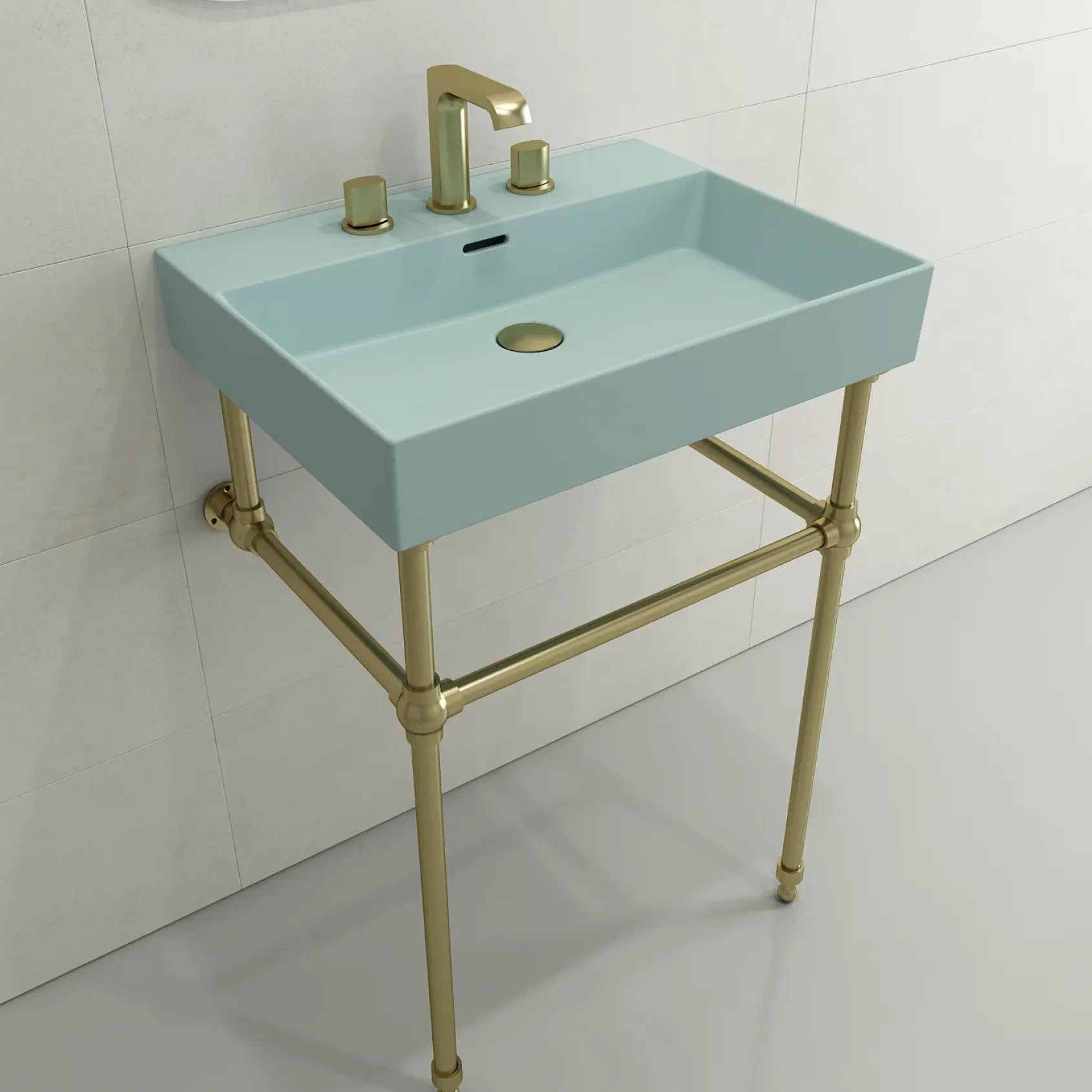 BOCCHI Milano 24" Rectangle Wallmount Fireclay Bathroom Sink, Matte Ice Blue, 3 Faucet Hole, 1376-029-0127