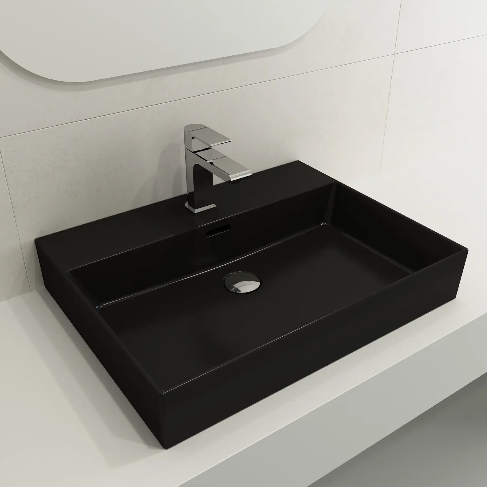 BOCCHI Milano 24" Rectangle Wallmount Fireclay Bathroom Sink, Matte Black, Single Faucet Hole, 1376-004-0126