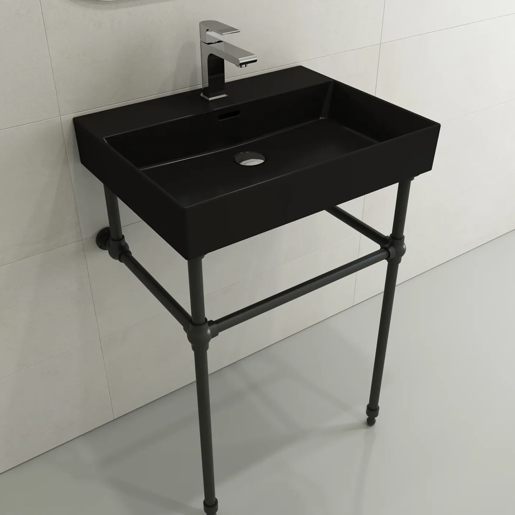 BOCCHI Milano 24" Rectangle Wallmount Fireclay Bathroom Sink, Matte Black, Single Faucet Hole, 1376-004-0126