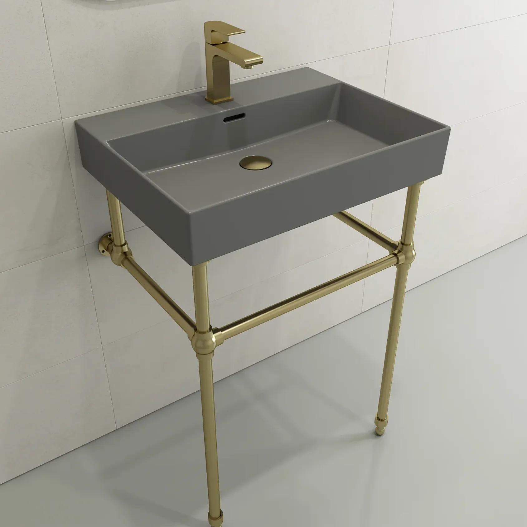 BOCCHI Milano 24" Rectangle Wallmount Fireclay Bathroom Sink, Matte Gray, Single Faucet Hole, 1376-006-0126