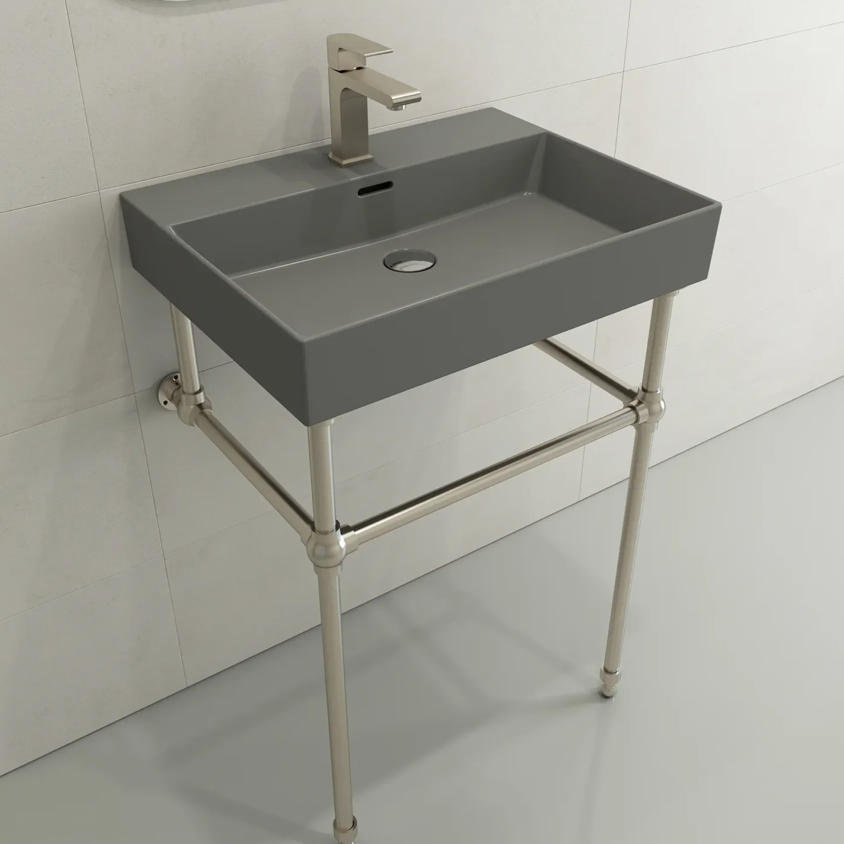 BOCCHI Milano 24" Rectangle Wallmount Fireclay Bathroom Sink, Matte Gray, Single Faucet Hole, 1376-006-0126