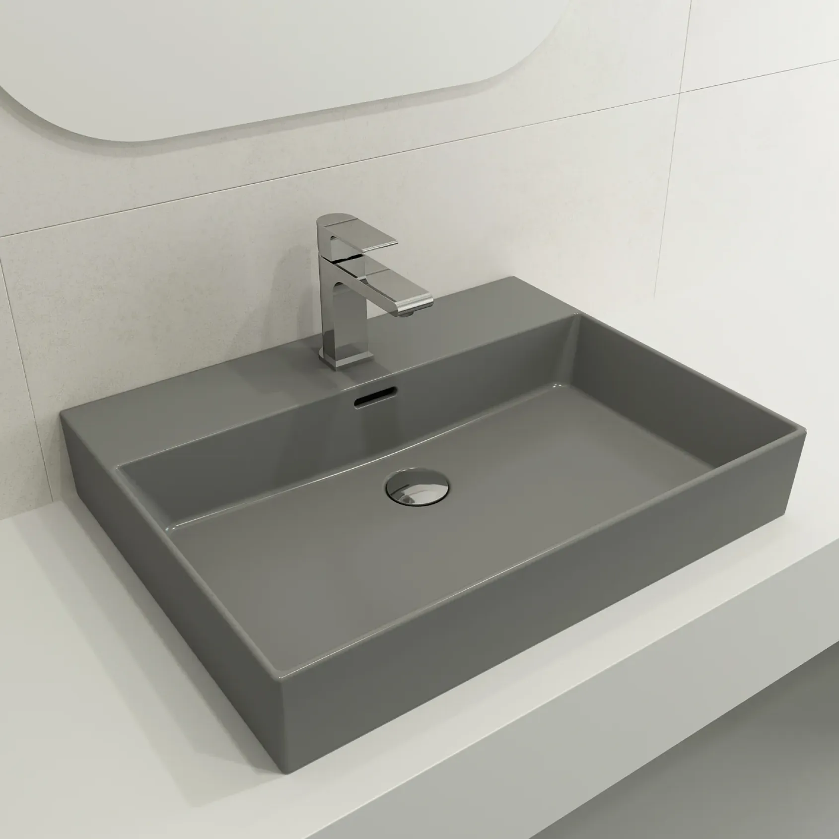 BOCCHI Milano 24" Rectangle Wallmount Fireclay Bathroom Sink, Matte Gray, Single Faucet Hole, 1376-006-0126