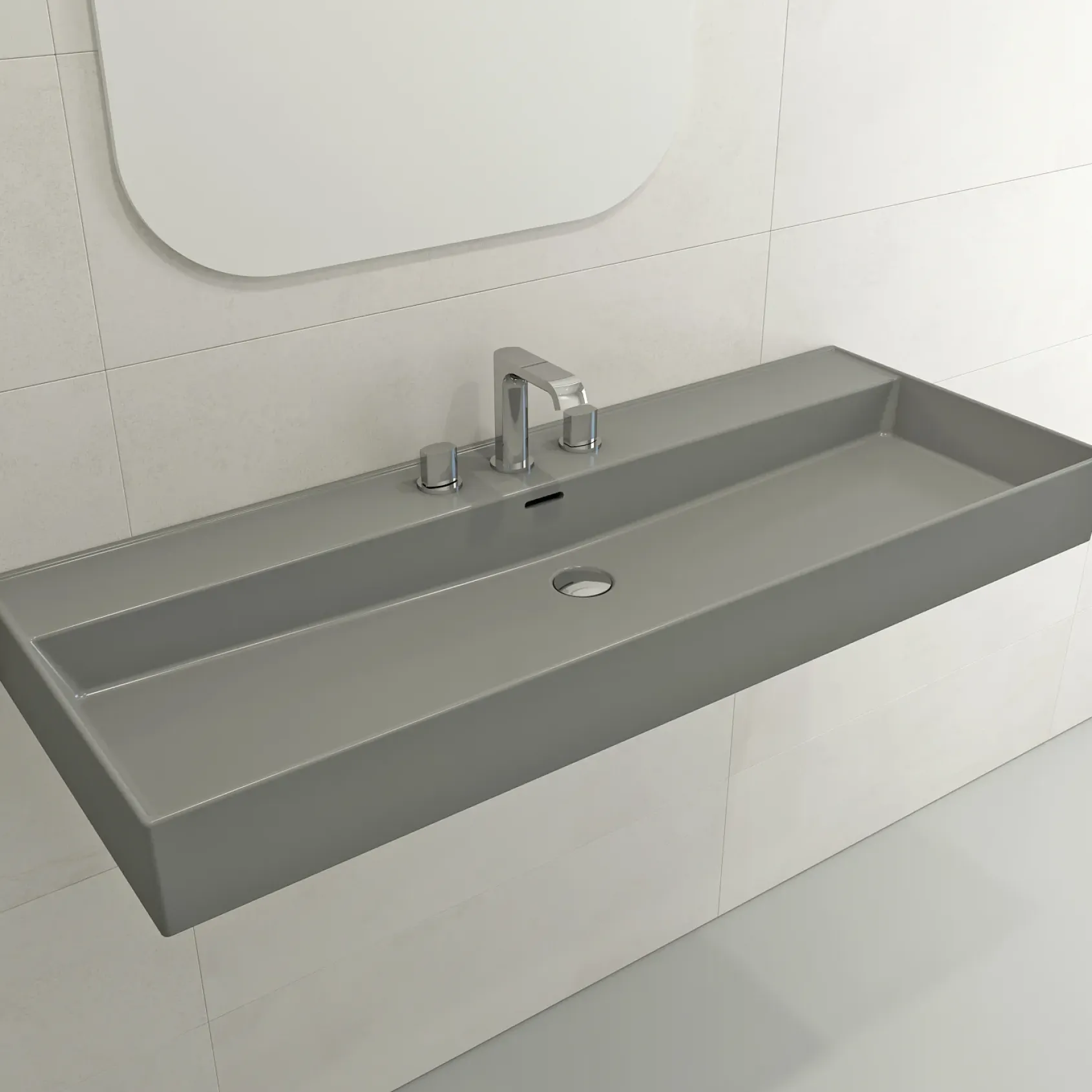BOCCHI Milano 48" Rectangle Wallmount Fireclay Bathroom Sink, Matte Gray, 3 Faucet Hole, 1394-006-0127
