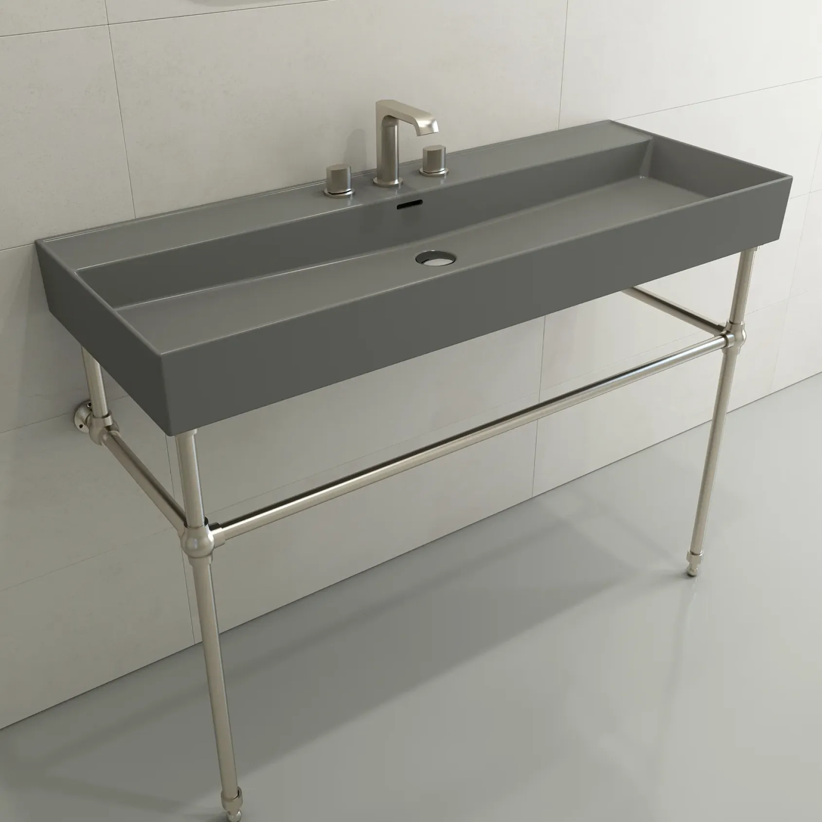 BOCCHI Milano 48" Rectangle Wallmount Fireclay Bathroom Sink, Matte Gray, 3 Faucet Hole, 1394-006-0127