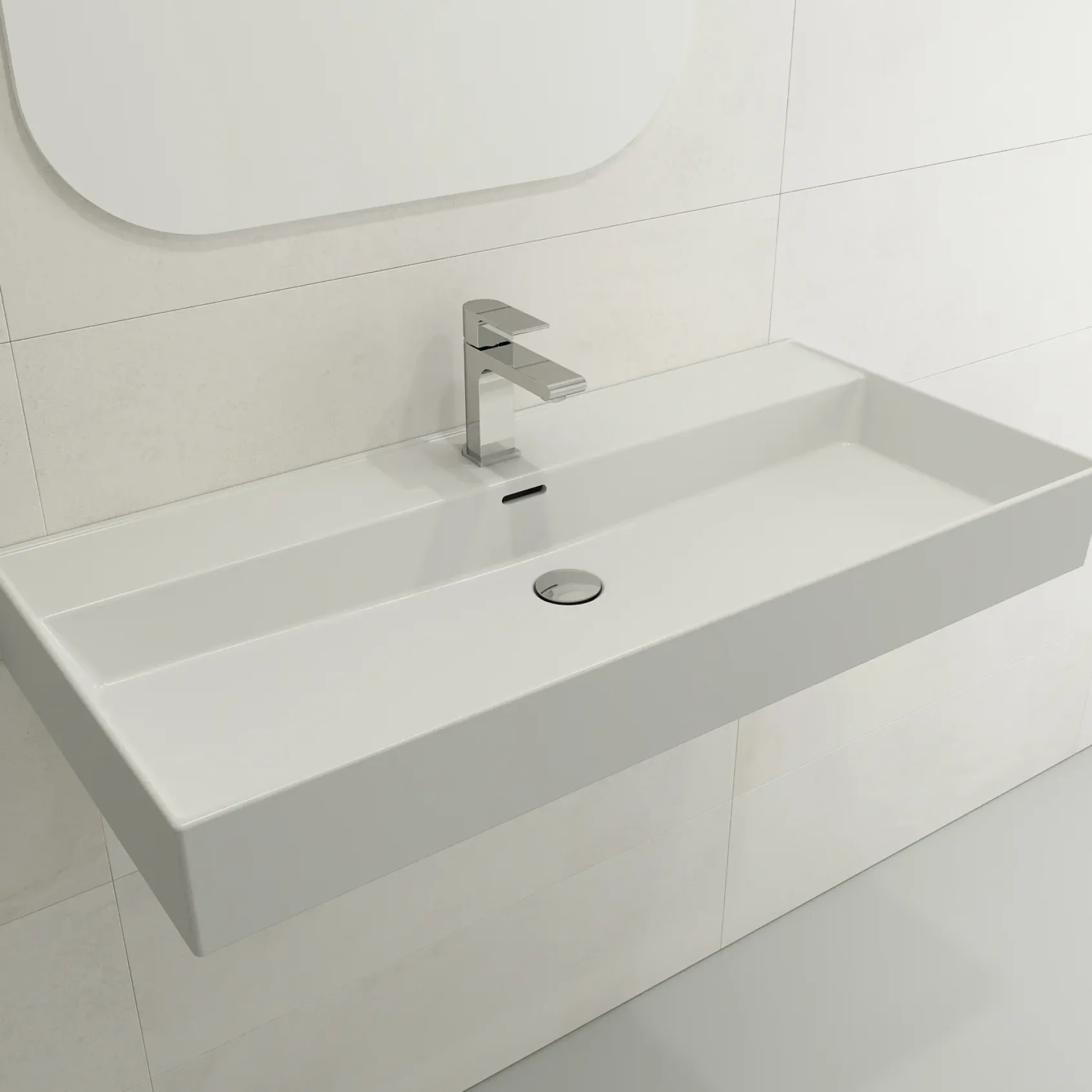 BOCCHI Milano 40" Rectangle Wallmount Fireclay Bathroom Sink, Matte White, Single Faucet Hole, 1378-002-0126